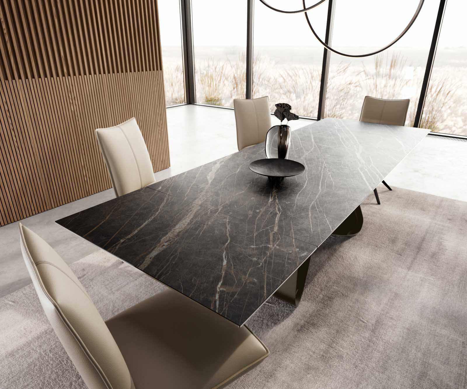 Разтегателна трапезна маса Edge 180-220х100 см Керамика Laminam®Noir Desir Кафяв W-образна основа Титаниев цвят 5