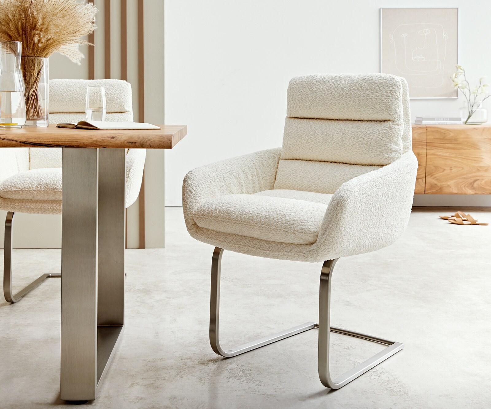 Люлеещ стол с подлакътници Букле Бял Конзолен крак плосък Неръждаема стомана Abelia-Flex Люлеещ стол с подлакътници Букле Бял Конзолен крак плосък Неръждаема стомана Abelia-Flex