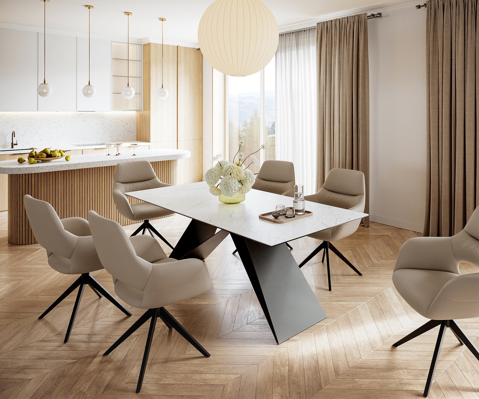 Маса 200x100cm Keramik Laminam®Statuarietto Бял V-среден крак Черен Edge 5