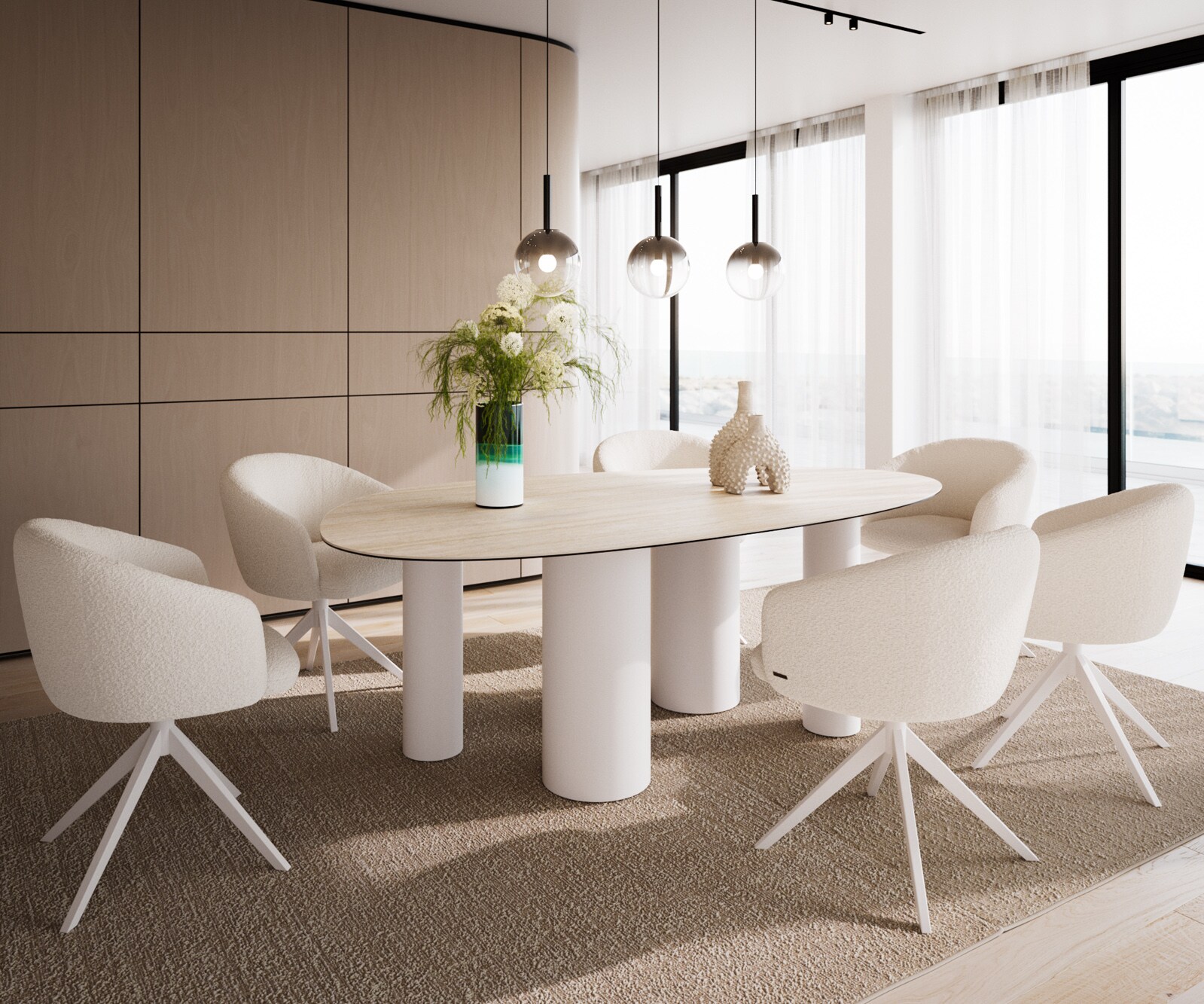 Трапезна маса Edge Oval 220x120, керамика Laminam „®“, Travertino Bianco, кремаво-бяла, метални крака Pilier, бели 6