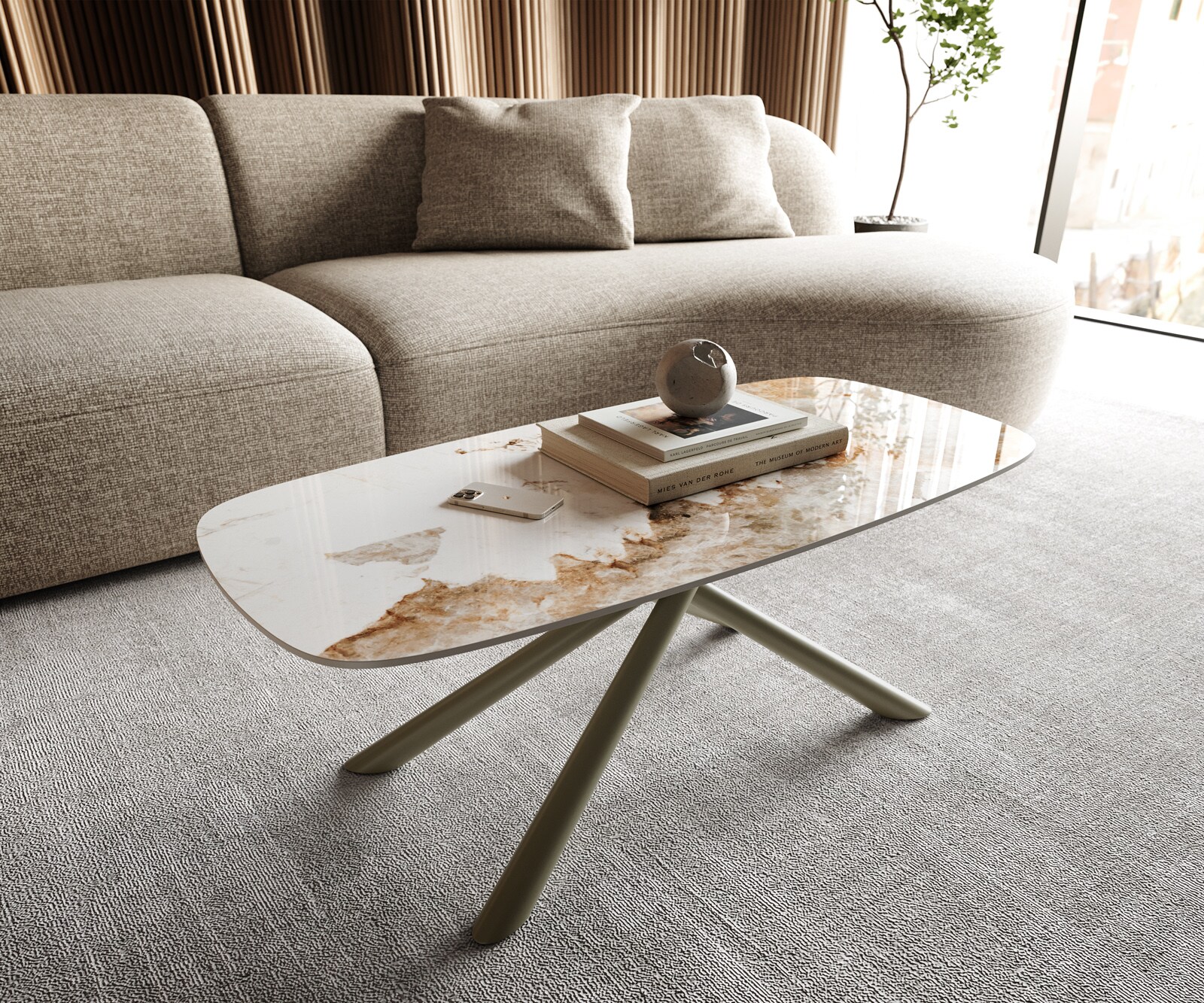 Масичка за кафе Edge Boot 100x50 cm керамика Minas Melange Sarity метален ефект покритие титан 1