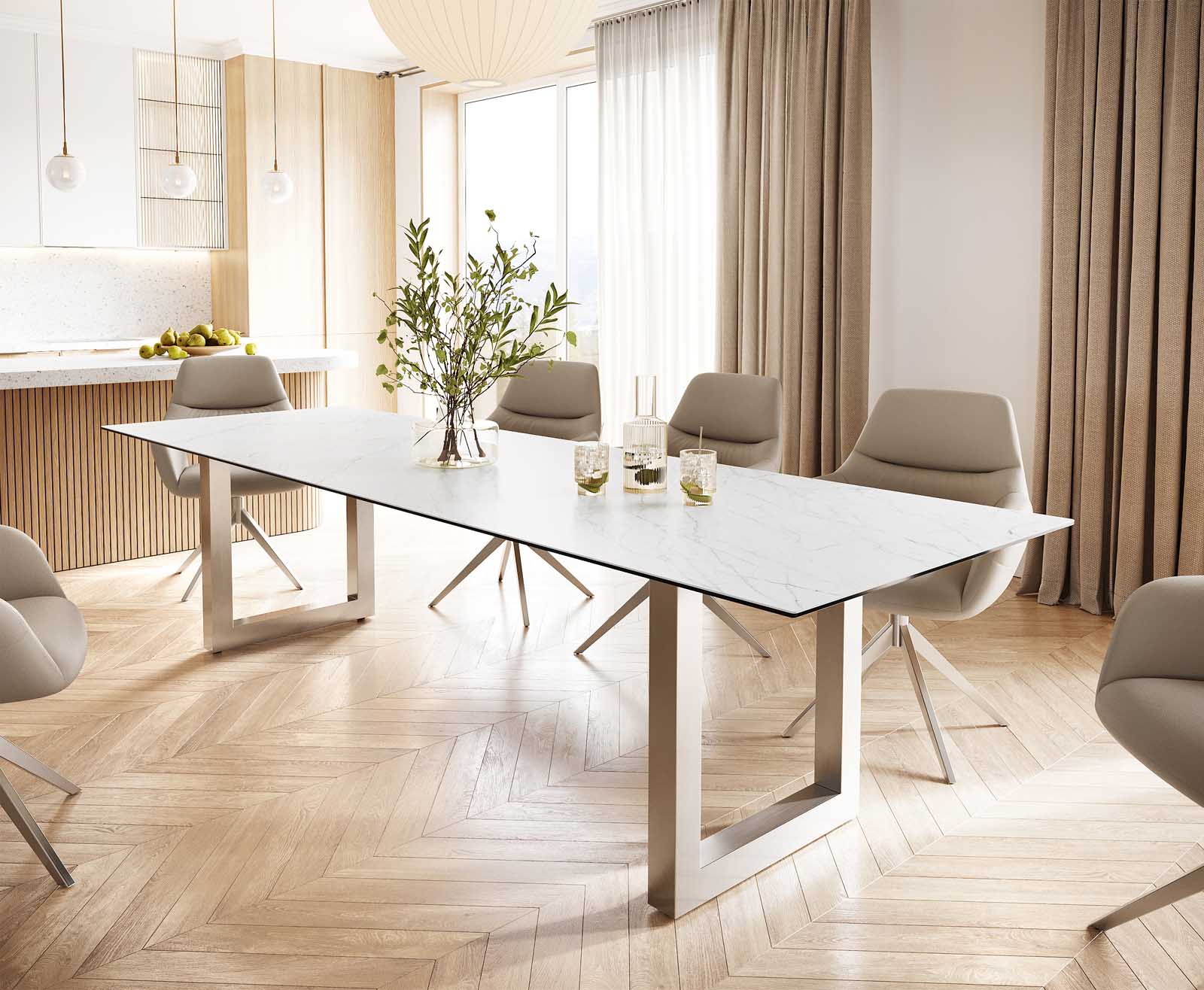 Маса 300x100 Keramik Laminam® Statuarietto Бял Неръждаема стомана Широк профил Edge