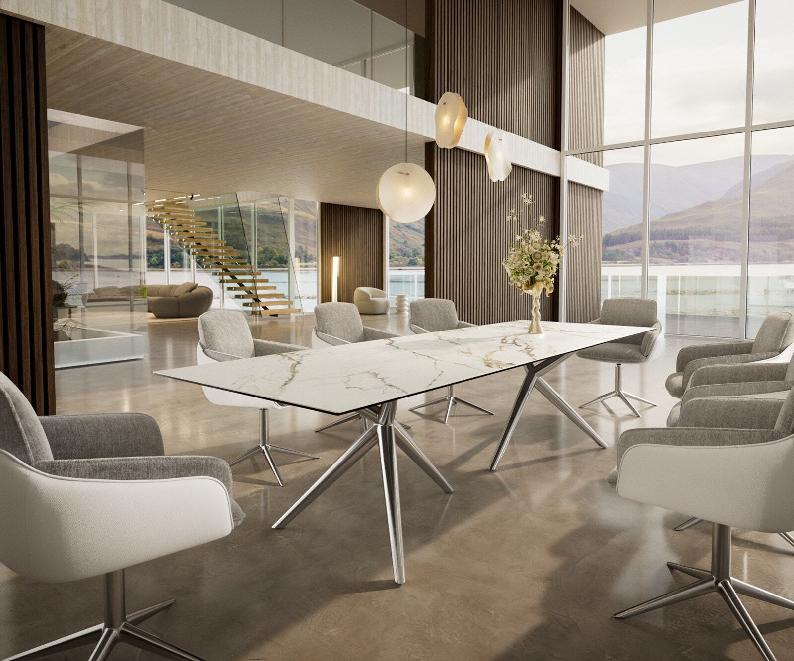 Трапезна маса Edge 300x100, керамика Calacatta Luxe, бяло-златно-сиво, Estelar, кръгла, от неръждаема стомана 5