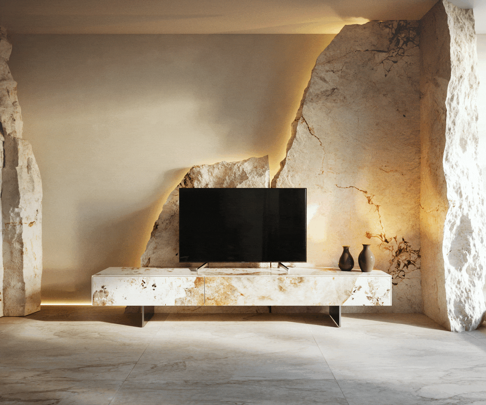 Нисък плот Cuor 200 см Керамика Minas Melange Бяло-бежово 1 клапа 1 чекмедже Основа Плаващ вид Неръждаема стомана 5