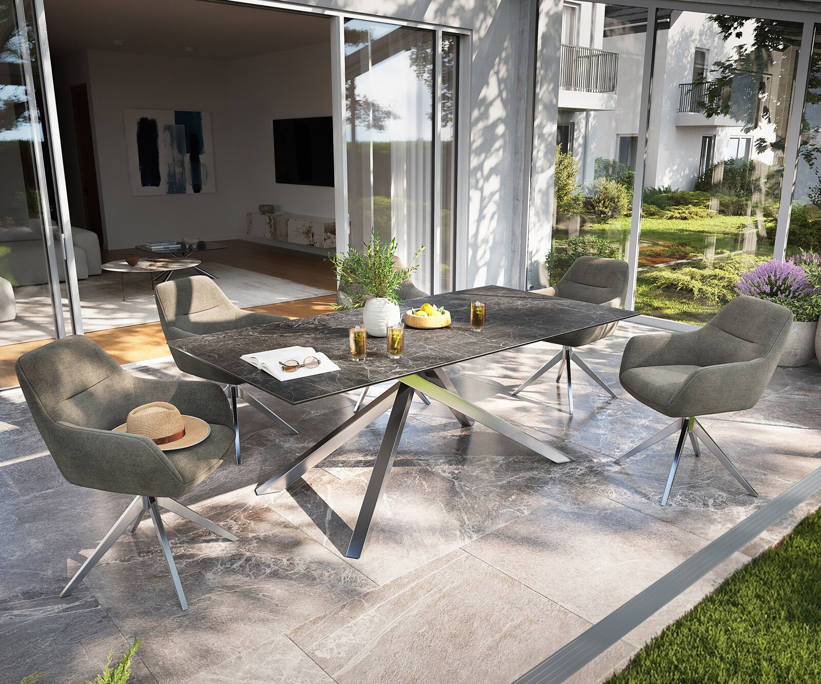 Луксозна външна маса Edge 200x100 см керамичен правоъгален плот Laminam Nero Greco, Кръстовидна основа, Антрацит/Сребристосив 1