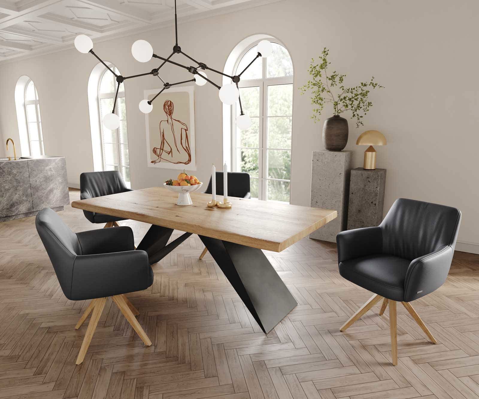 Врътящ се стол с подлакътници Естествена кожа Черен Дървена рамка  Натурал 180° въртящ се Покет пружина Xana-Flex 4 Врътящ се стол с подлакътници Естествена кожа Черен Дървена рамка  Натурал 180° въртящ се Покет пружина Xana-Flex 4