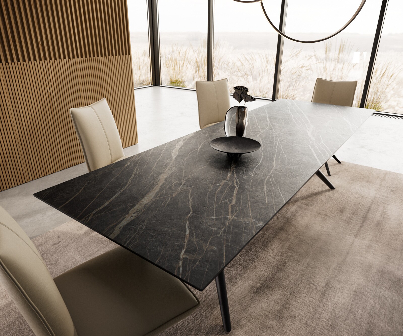 Трапезна маса Edge 300x100, керамика Laminam „®“, Noir Desir, кафяво Estelar, кръгла, метал, черна 3