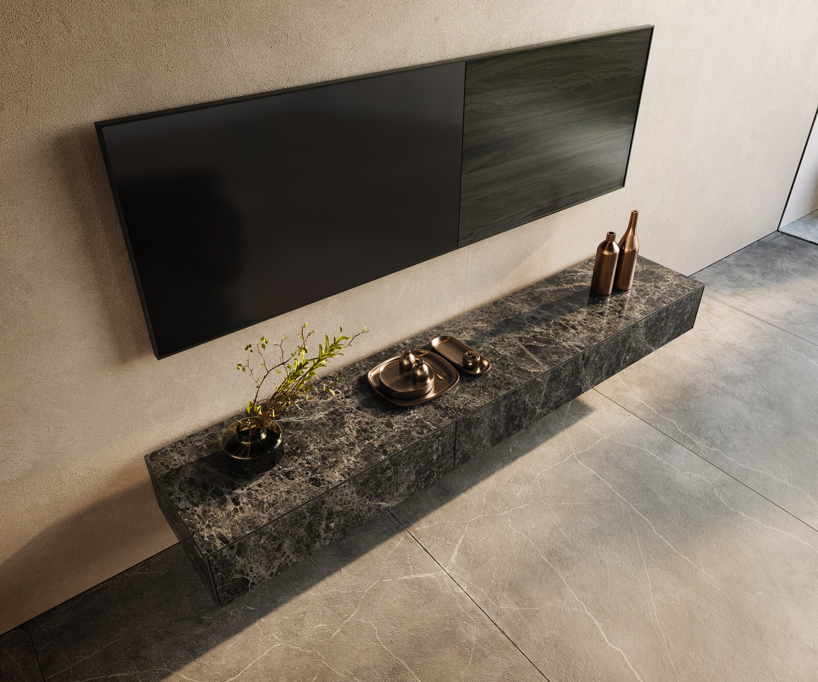 Стенен ТВ шкаф Cuor 200 см Керамика Laminam® Emperador Extra Lucidato Тъмно-кафяво 1 врата 1 чекмедже 3