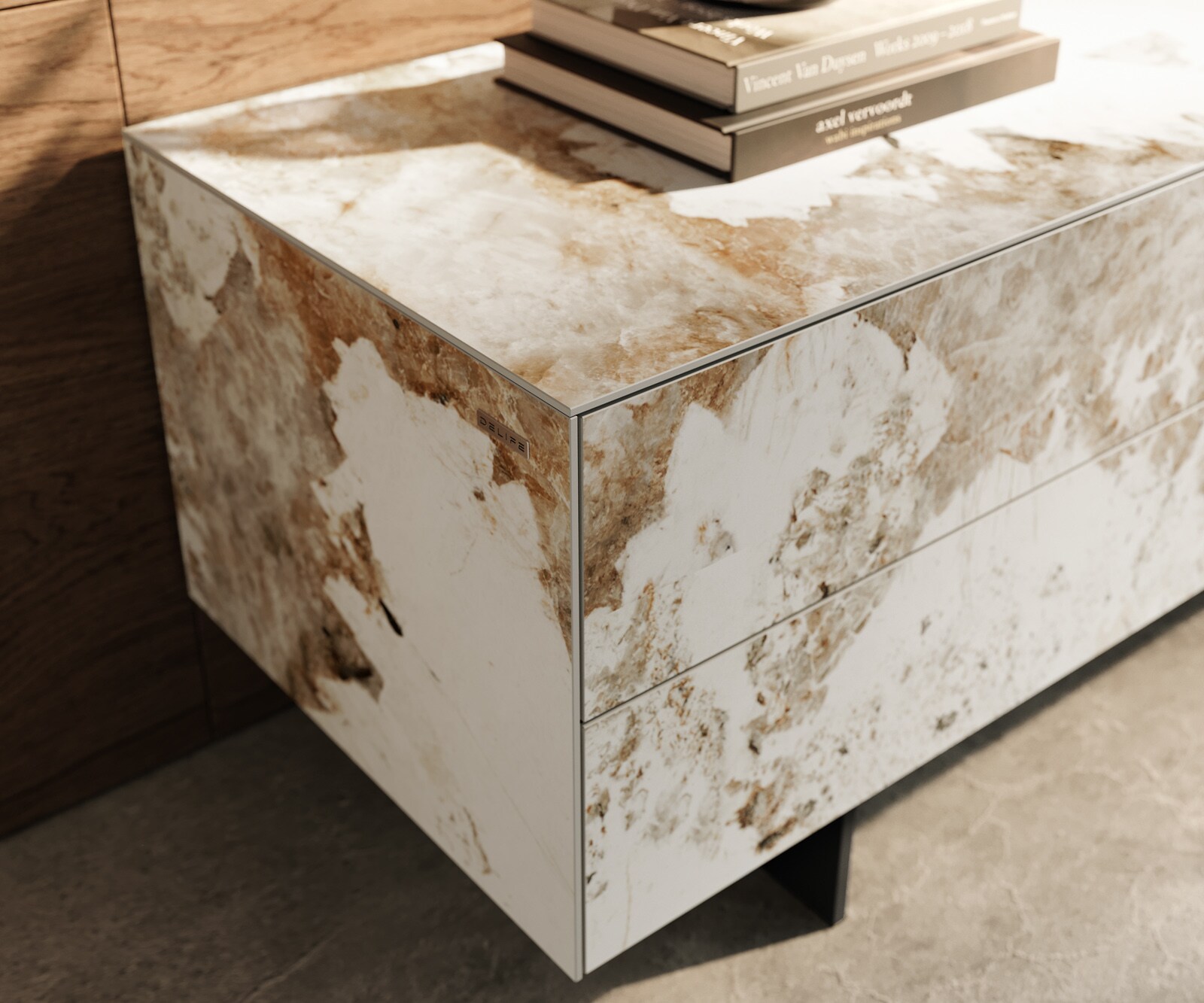 Ниска дъска Cuor 180 см Керамика Minas Melange Бяло-бежово 1 клапа 2 чекмеджета Основа Плаващ вид Метал Черно 6