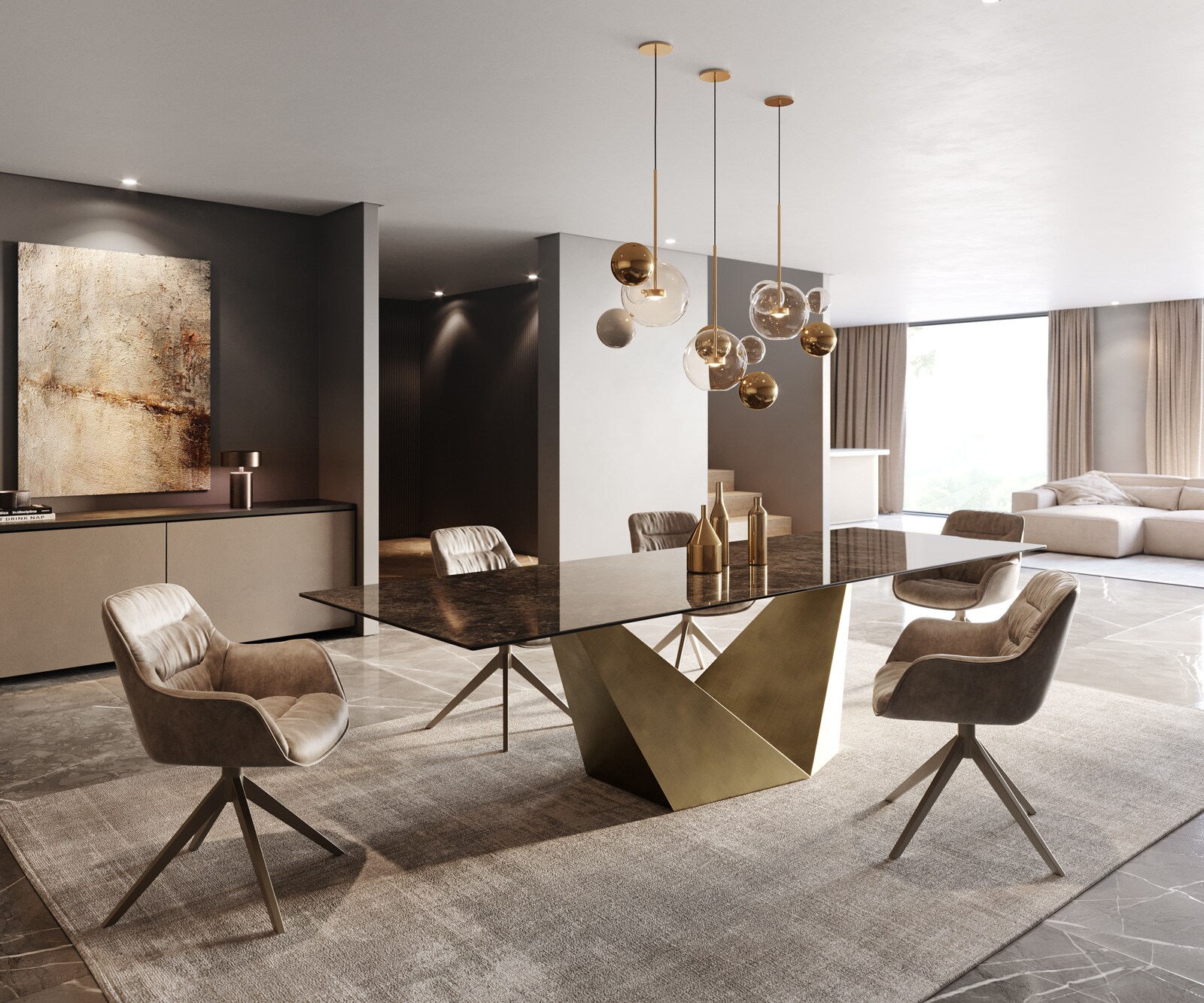 Маса за хранене Edge 300x100 Керамичен ламинат® Emperador Extra Lucidato Тъмнокафяво Prisma Metallic Gold 5