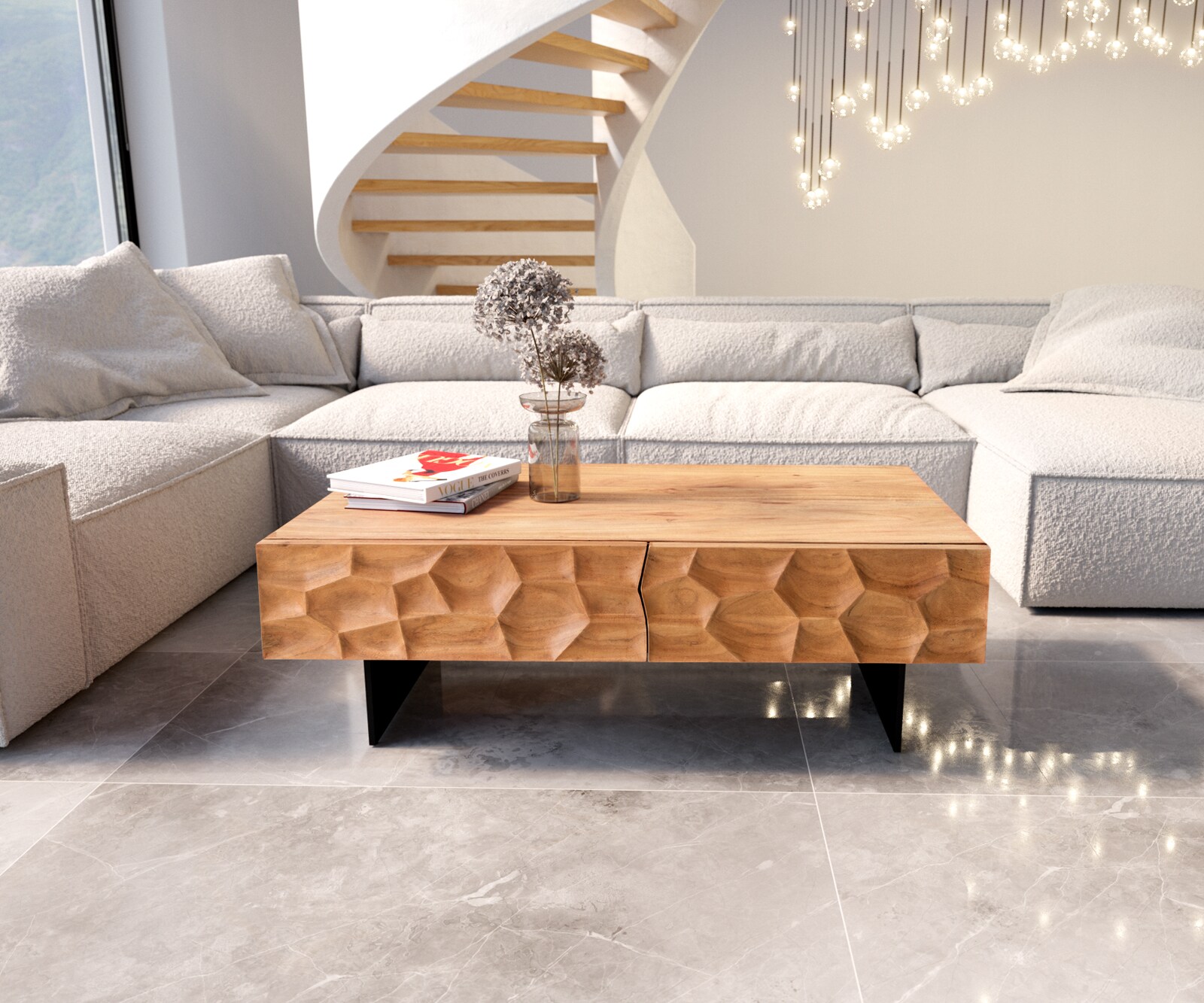 Холна маса Solu 120x70 cm Масив Акация Натурален 4 Чекмеджета Метал Черен 3D-фасада  1