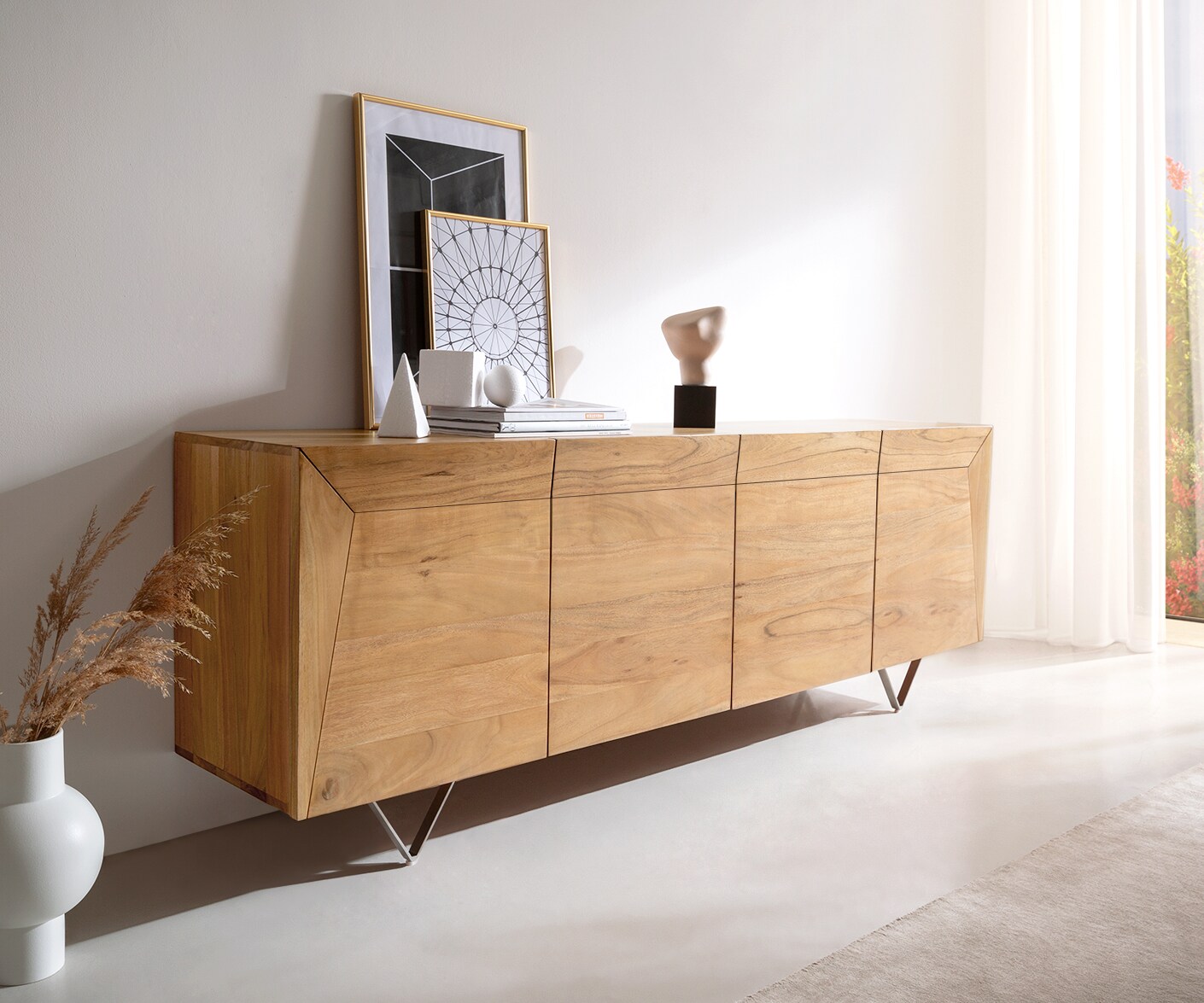 Бюфет 200x40x70 cm Акация Натурал 4 Врати V-Крак Kayu