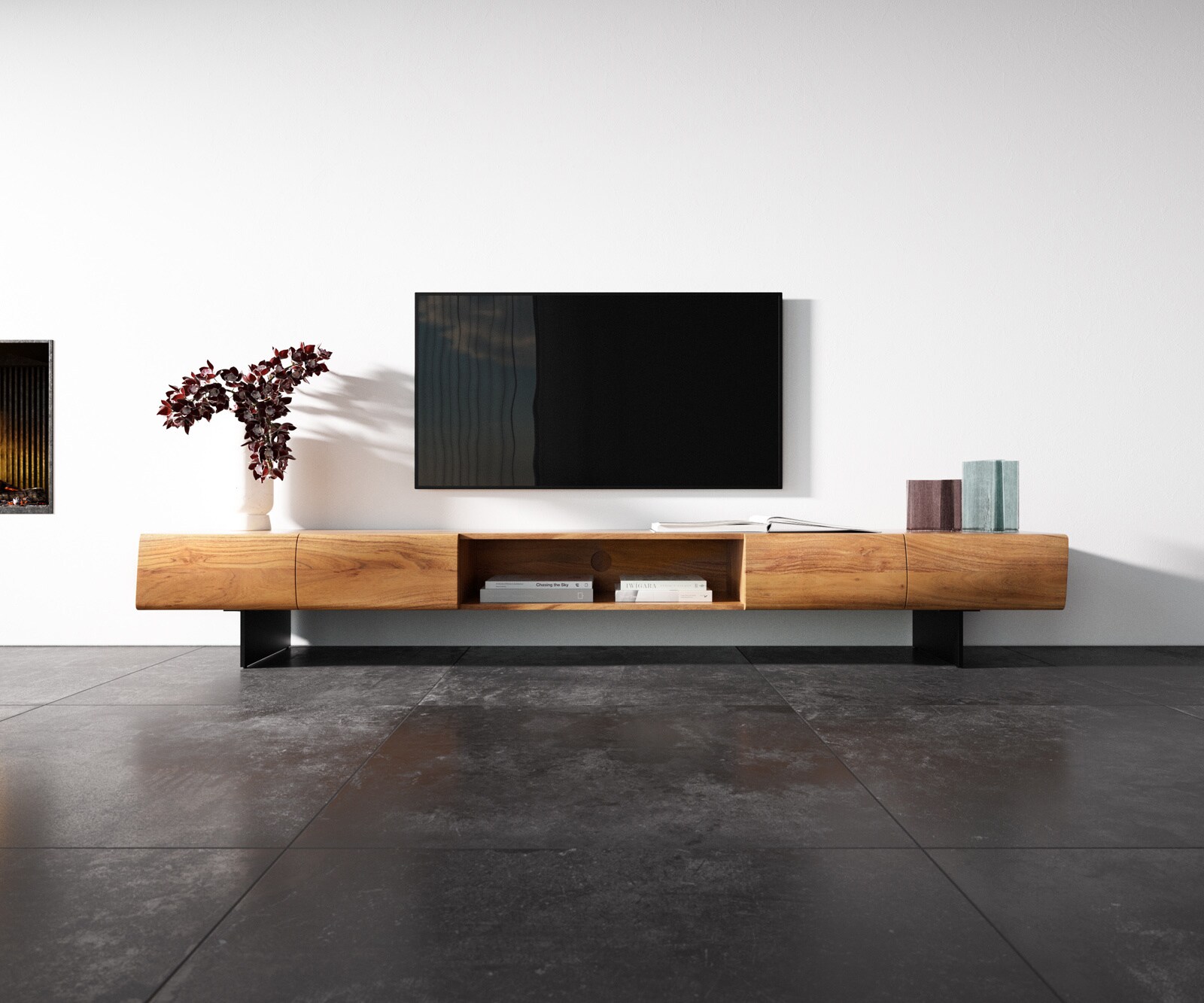 Нисък шкаф New Live-Edge 240 cm естествена акация 4 врати 1 отделение основа плаващ метал черен 3
