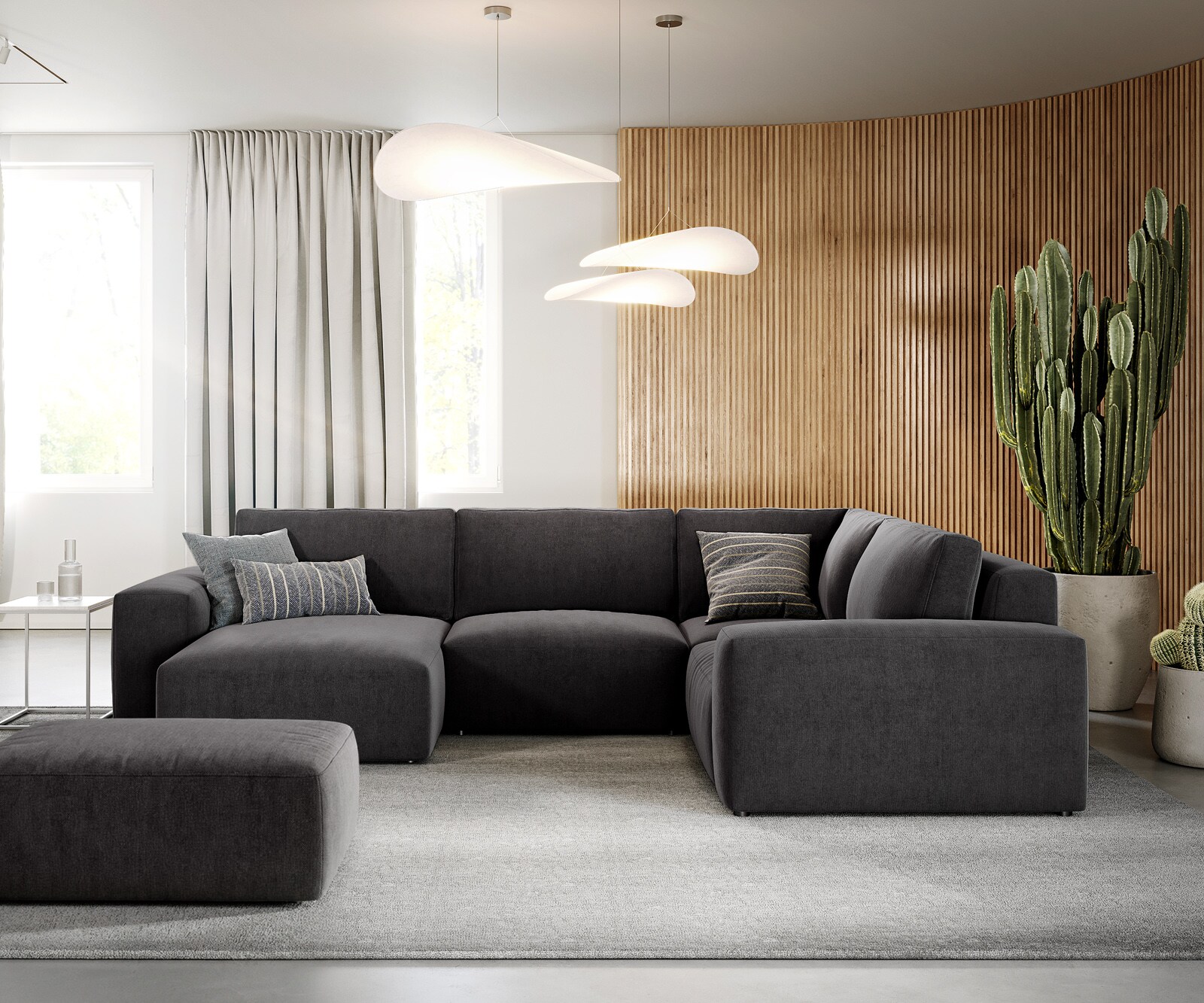 Холна гарнитура Lanzo 300x210 cm микрофибър черен Променлива с осман