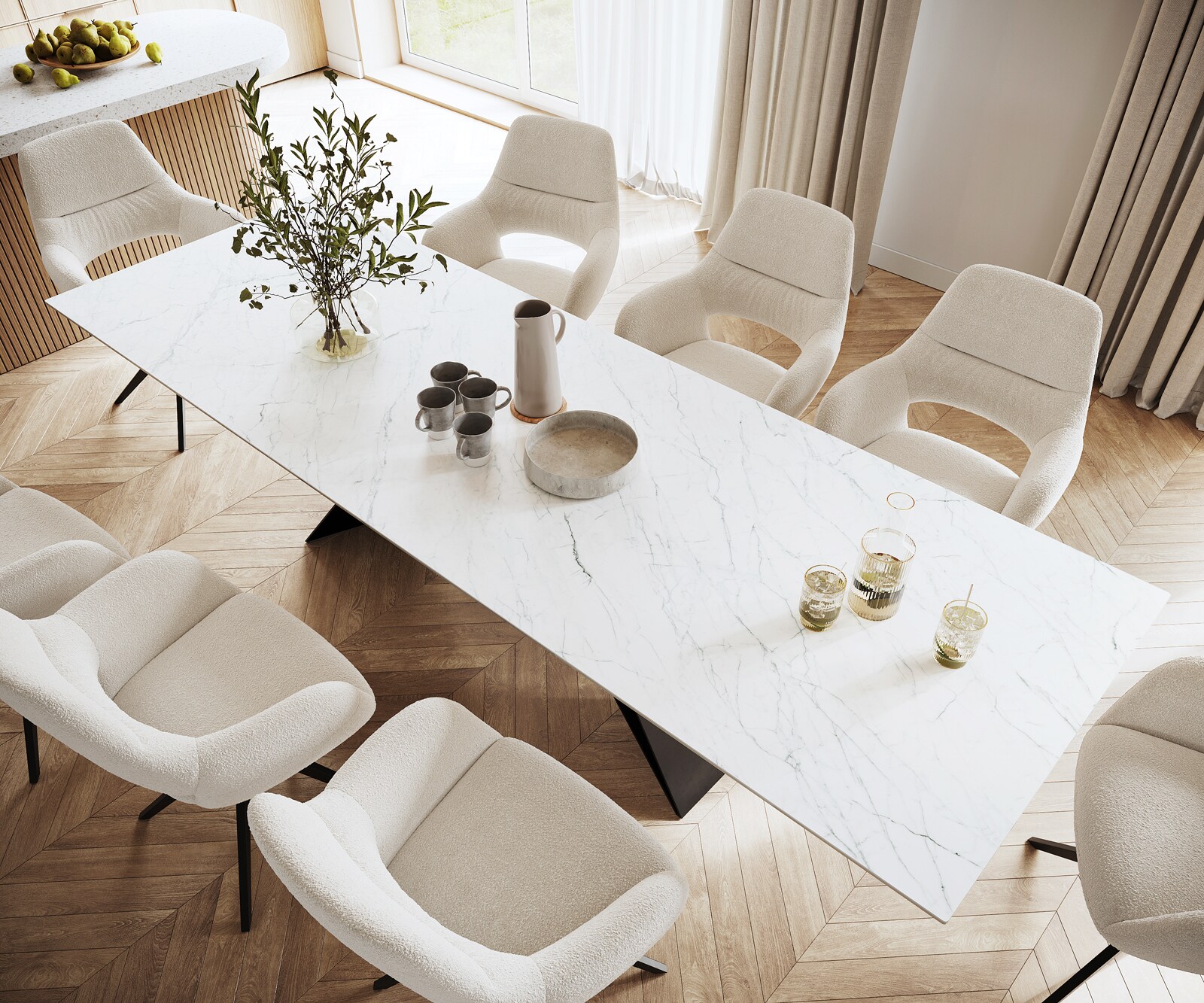 Маса 300x100cm Keramik Laminam®Statuarietto Бял V-среден крак Черен Edge 3
