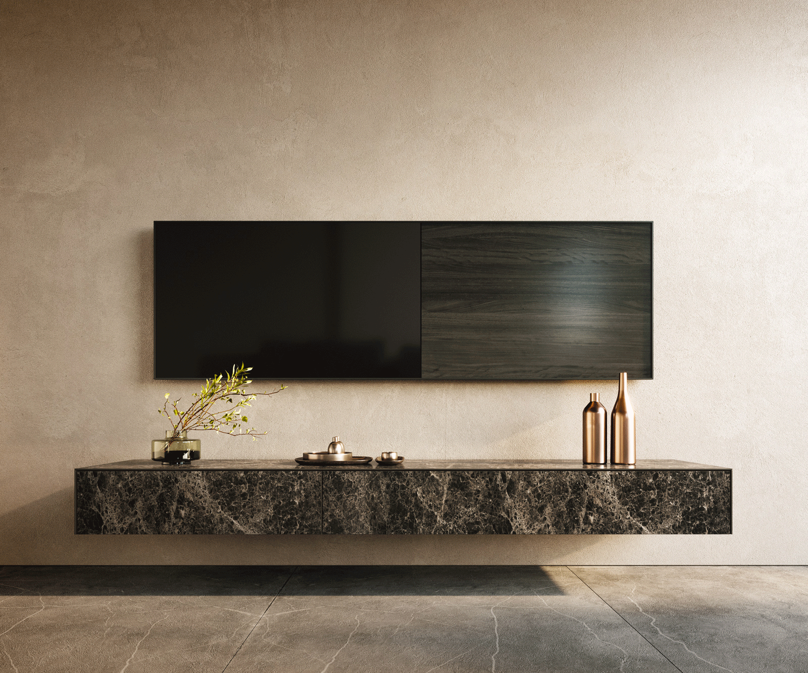 Ниска дъска Cuor 200 см Керамичен ламинат® Emperador Extra Lucidato Тъмно кафяво 1 клапа 1 чекмедже Плаващо 1