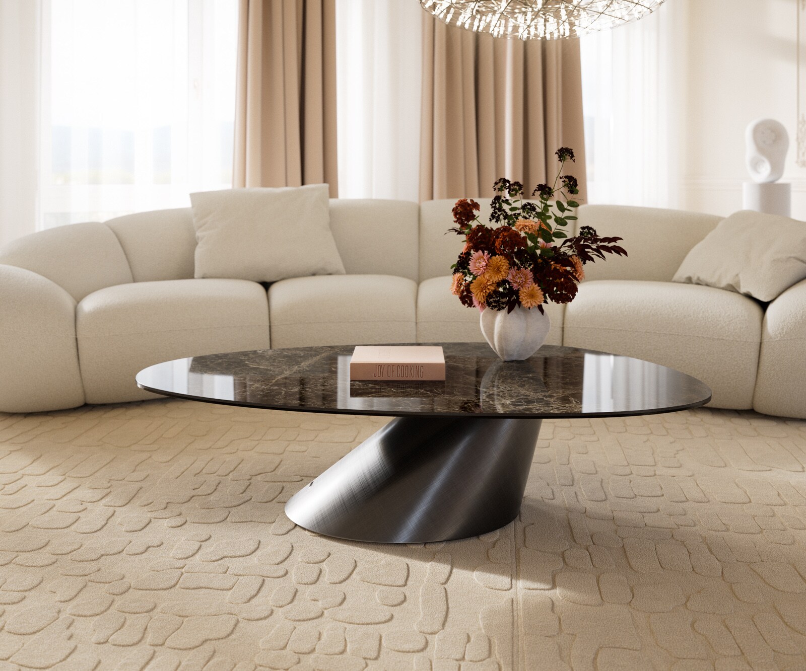 Масичка за кафе Edge Oval 140x75 cm керамика Laminam® Emperador Extra Lucidato тъмнокафяво Conis Metallic Silver 1