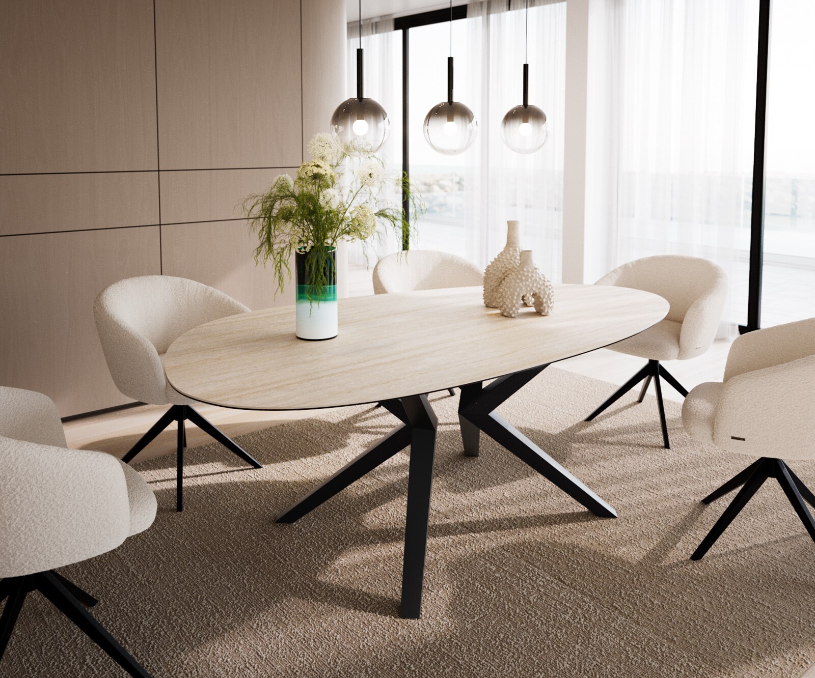 Трапезна маса Edge Oval 220x120, керамика Laminam „®“, Travertino Bianco, кремаво-бяло​, Zenthara, с остри ръбове, метал, черно 1