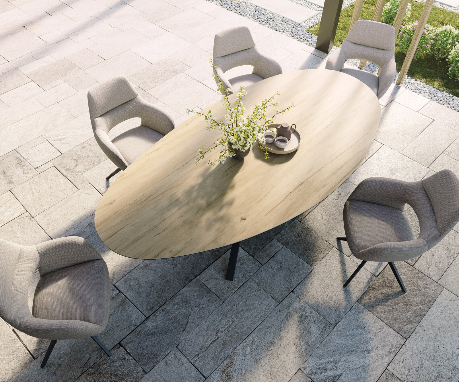 Луксозна външна маса Edge 280x130 см, Овален плот, Керамика Laminam ® Sabbia, Кръстовидна основа, Пясъчен дъб/Черно 3