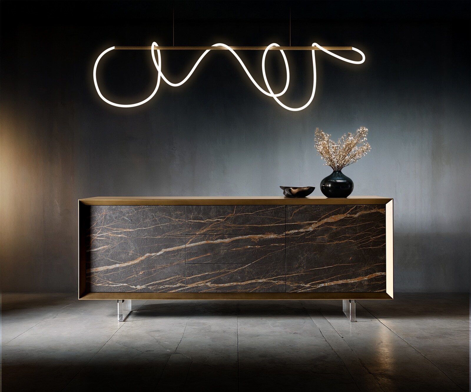 Шкаф Yori 200 cm Metallic Gold 2 врати 3 чекмеджета Ceramic Laminam®Noir Desir Brown