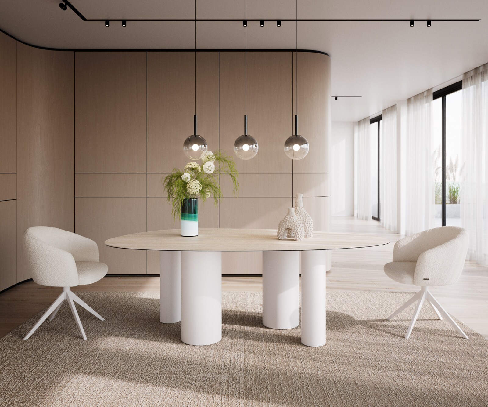 Трапезна маса Edge Oval 220x120, керамика Laminam „®“, Travertino Bianco, кремаво-бяла, метални крака Pilier, бели 2