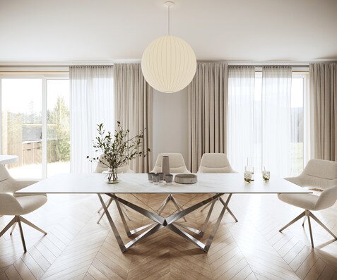 Трапезна маса Edge 300x100 см, керамика Laminam „®“, Statuarietto бяло, Spider плоска стомана, неръждаема стомана