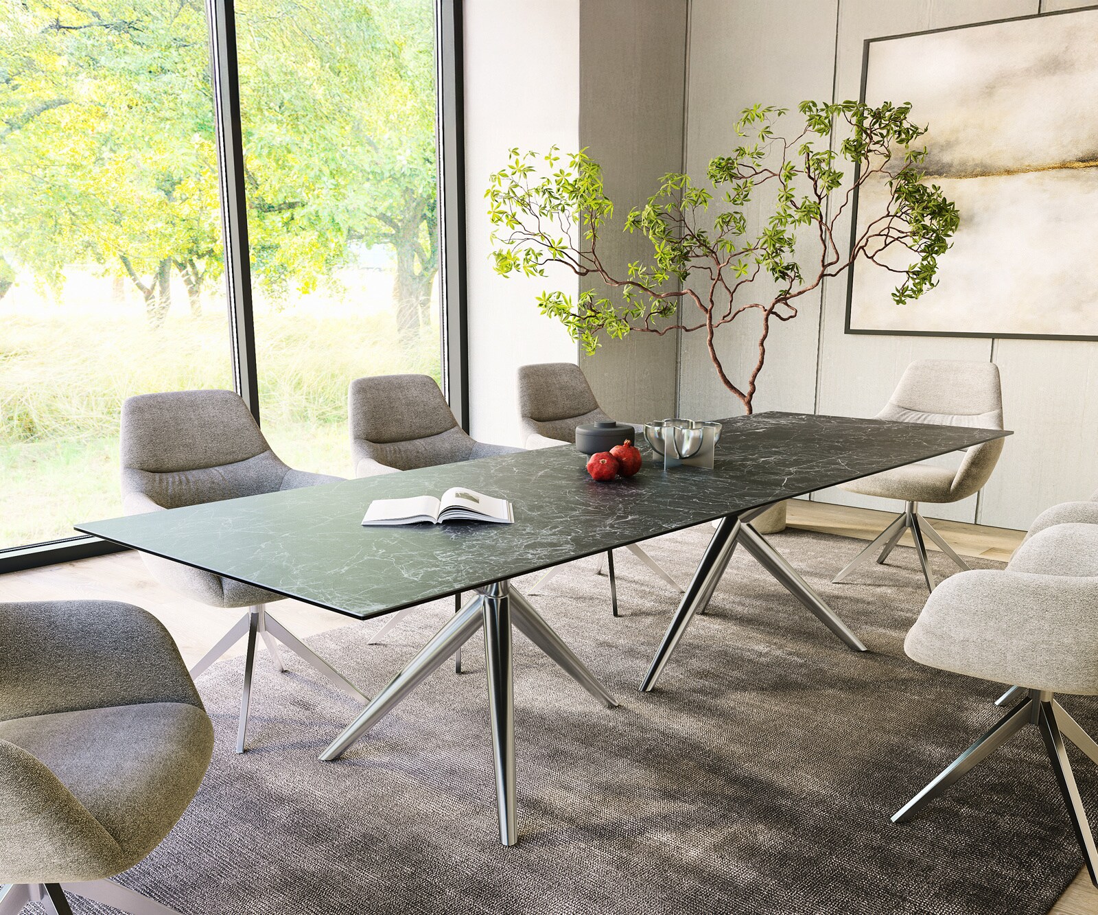 Трапезна маса Edge 300x100, керамика Laminam „®“, „Nero Greco“, „Anthrazit“, „Estelar“, кръгла, от неръждаема стомана