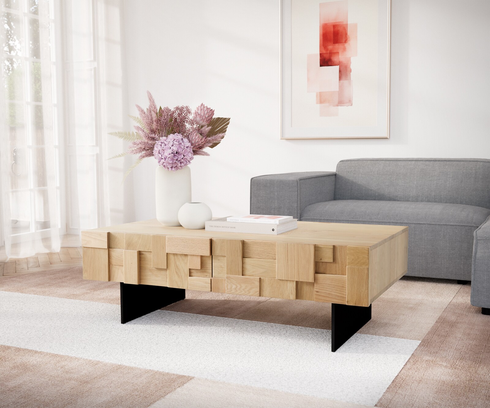 Холна маса 120 cm 4 чекмеджета Дъб Натурал плаващ крак Метал Черен Puzzle 1