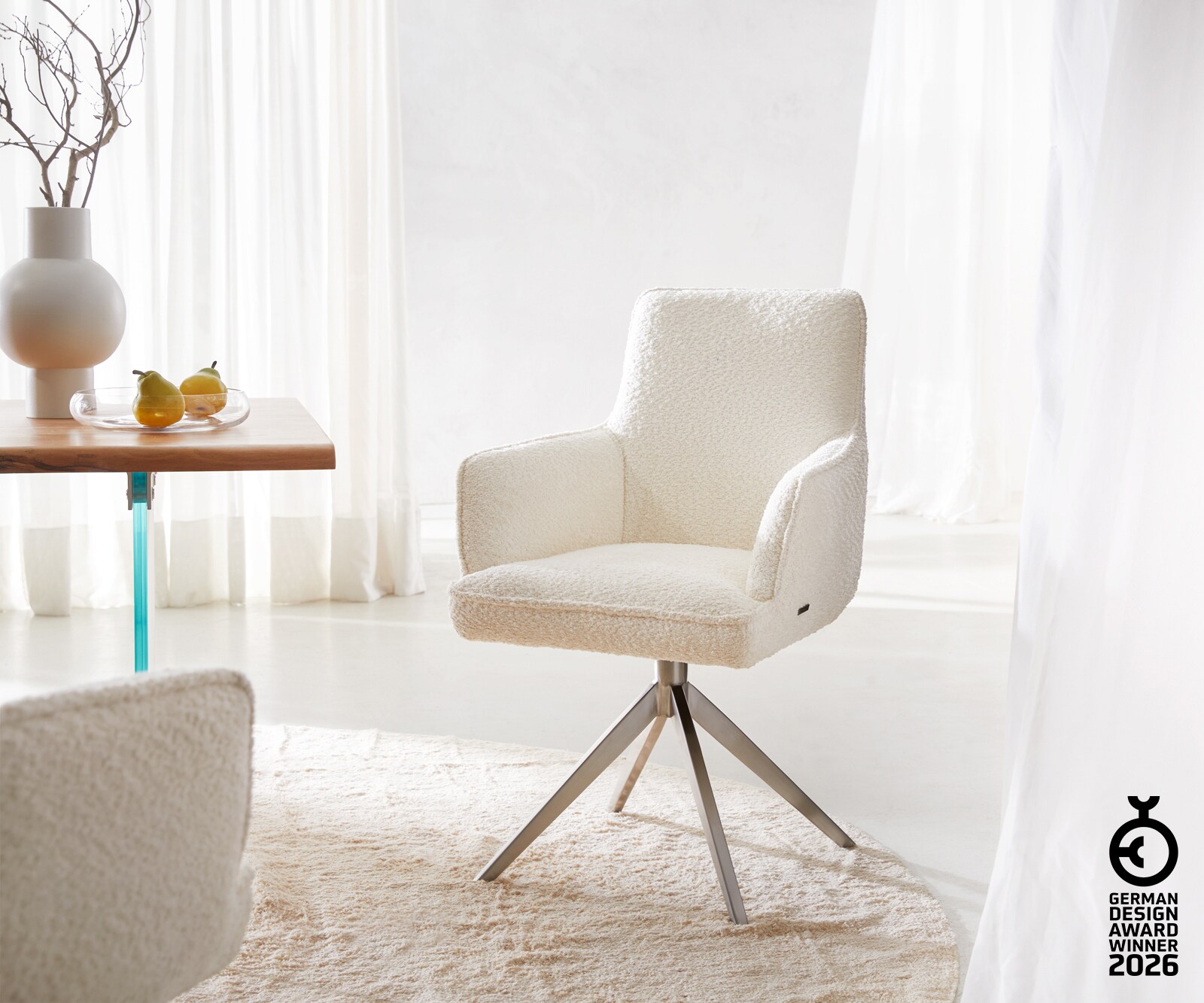 Врътящ се стол с подлакътници Букле Бял Конус крак плосък Неръждаема стомана 360° въртящ се Покет пружина Heira-Flex