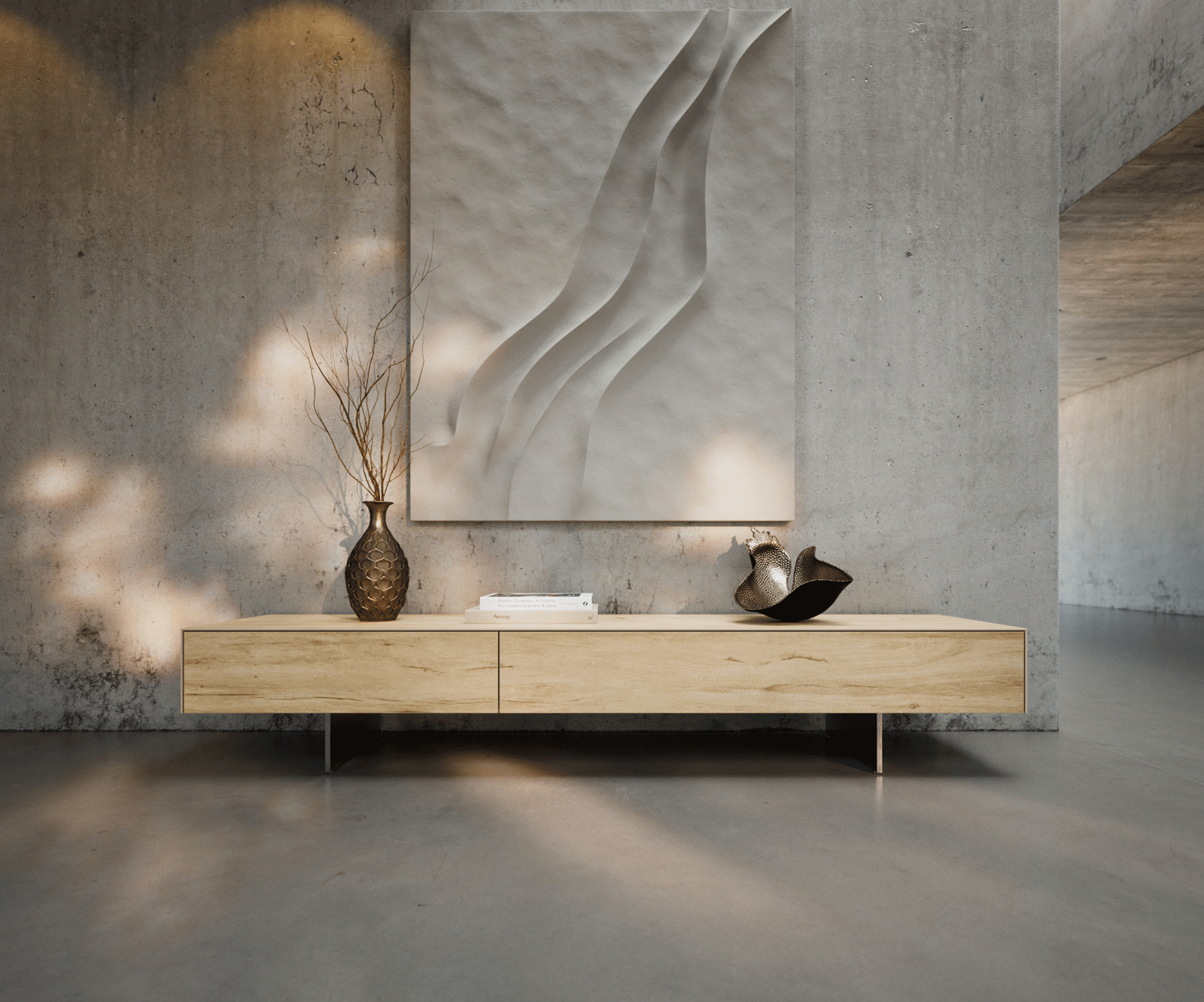 Ниска дъска Cuor 200 cm Керамичен ламинат® Sabbia Дъбов цвят 1 капак 1 чекмедже Основа Окачен вид неръждаема стомана 2