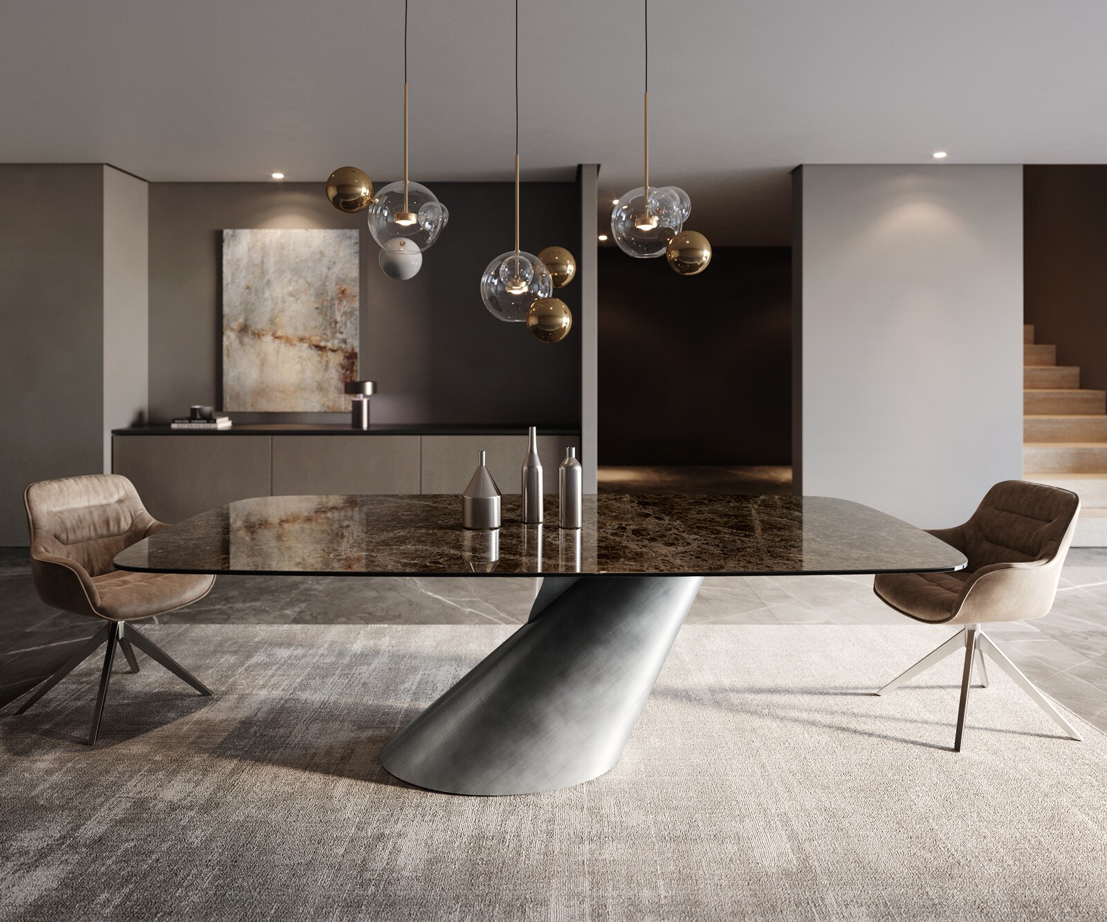 Трапезна маса Edge Boot 240x120 Керамичен ламинат® Emperador Extra Lucidato Тъмно кафяво Cono Metallic Silver 1