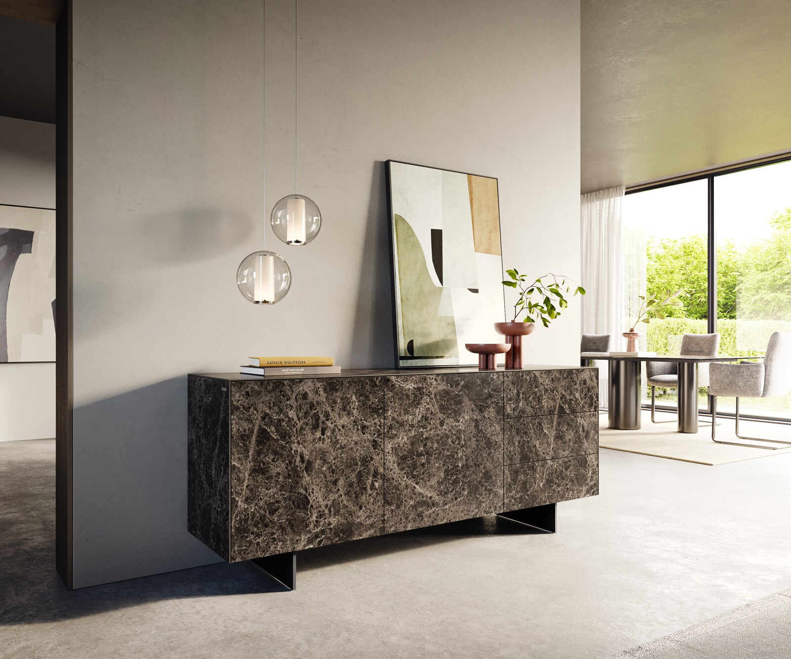 Бюфет Cuor 180 cm Керамичен ламинат® Emperador Extra Lucidato Тъмно кафяво 2 врати 3 чекмеджета Основа Окачен вид Метал Черен 1