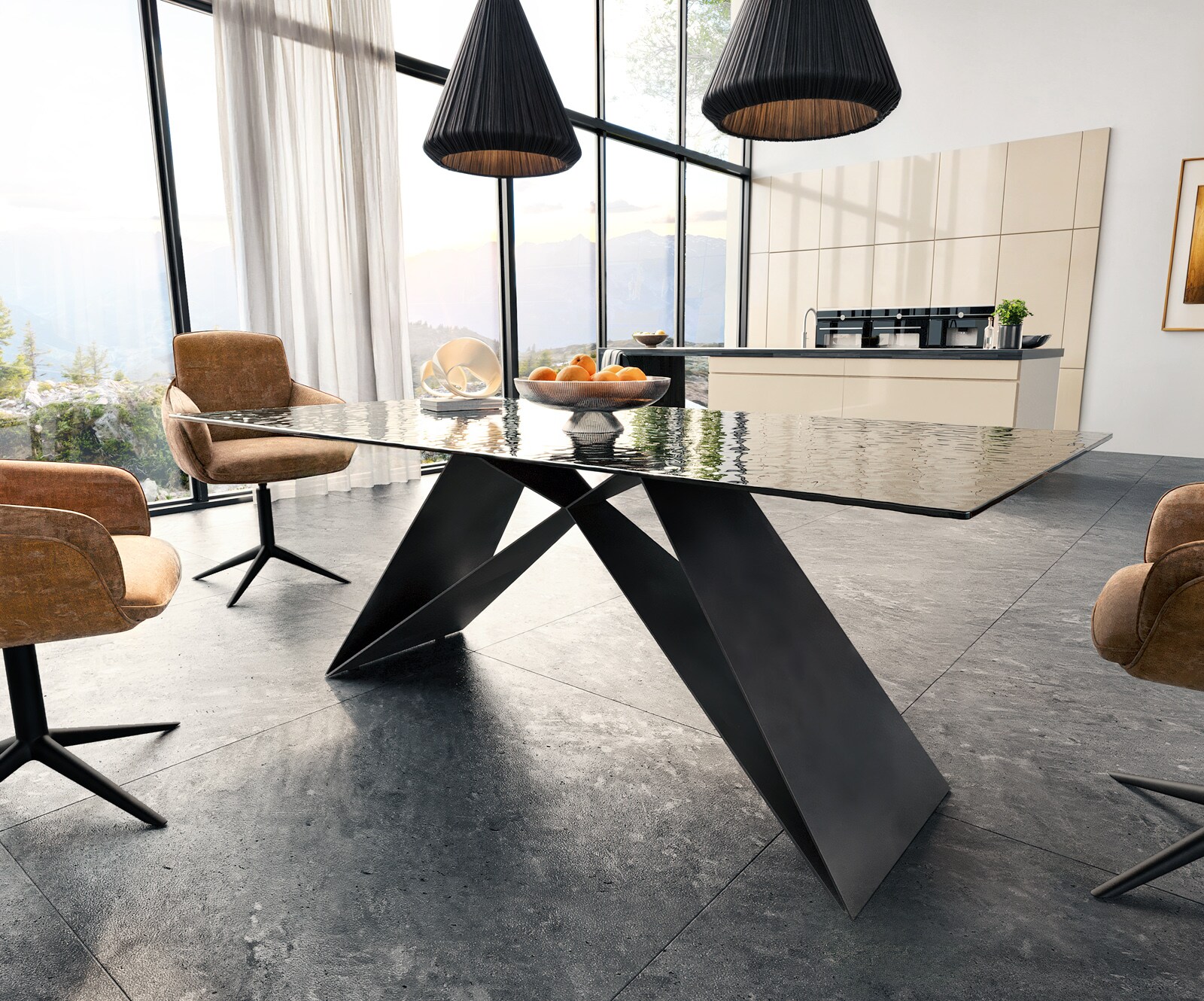 Трапезна маса Edge 200x100 Relief стъкло опушено черно 3D дизайн V-образна рамка плоска стомана черна 3
