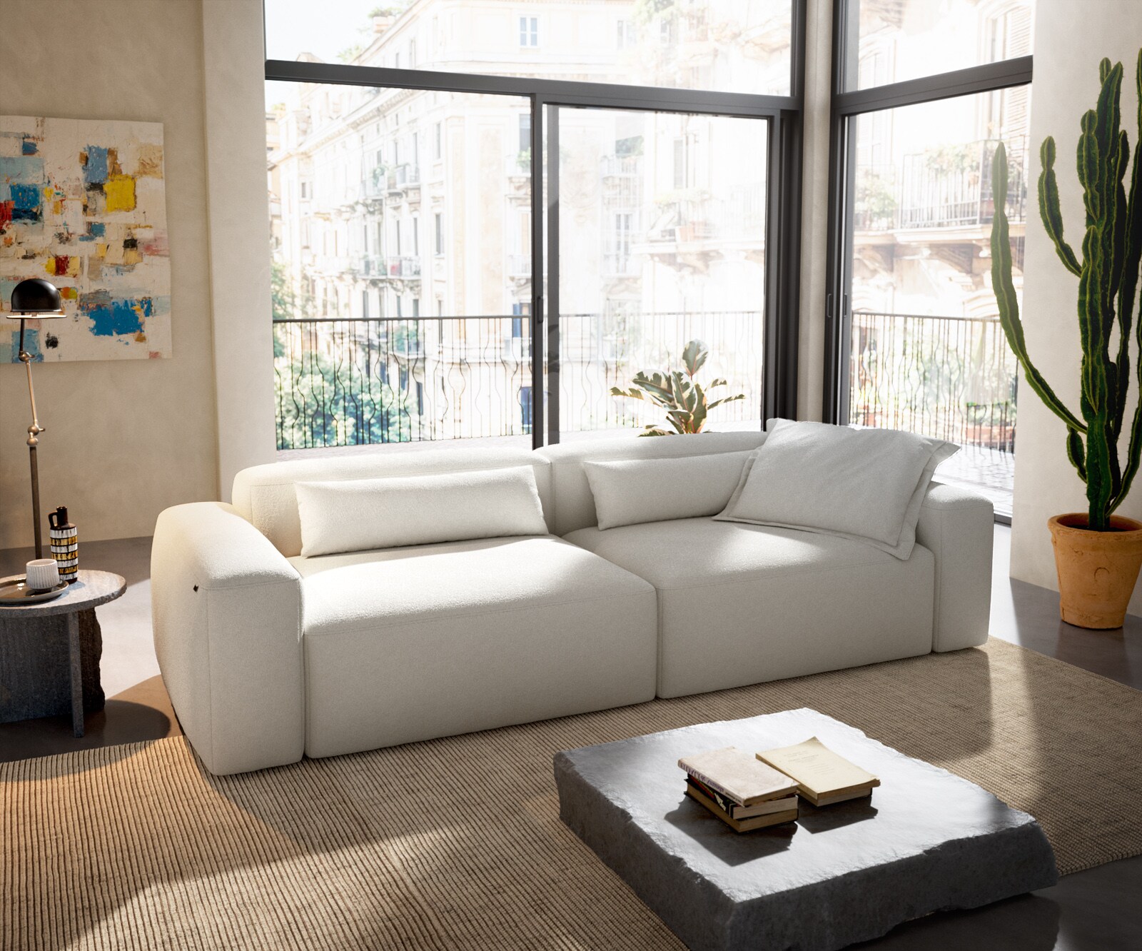 Голям диван Freestyle 280x110 cm Bouclé с кремаво-бели шевове 3