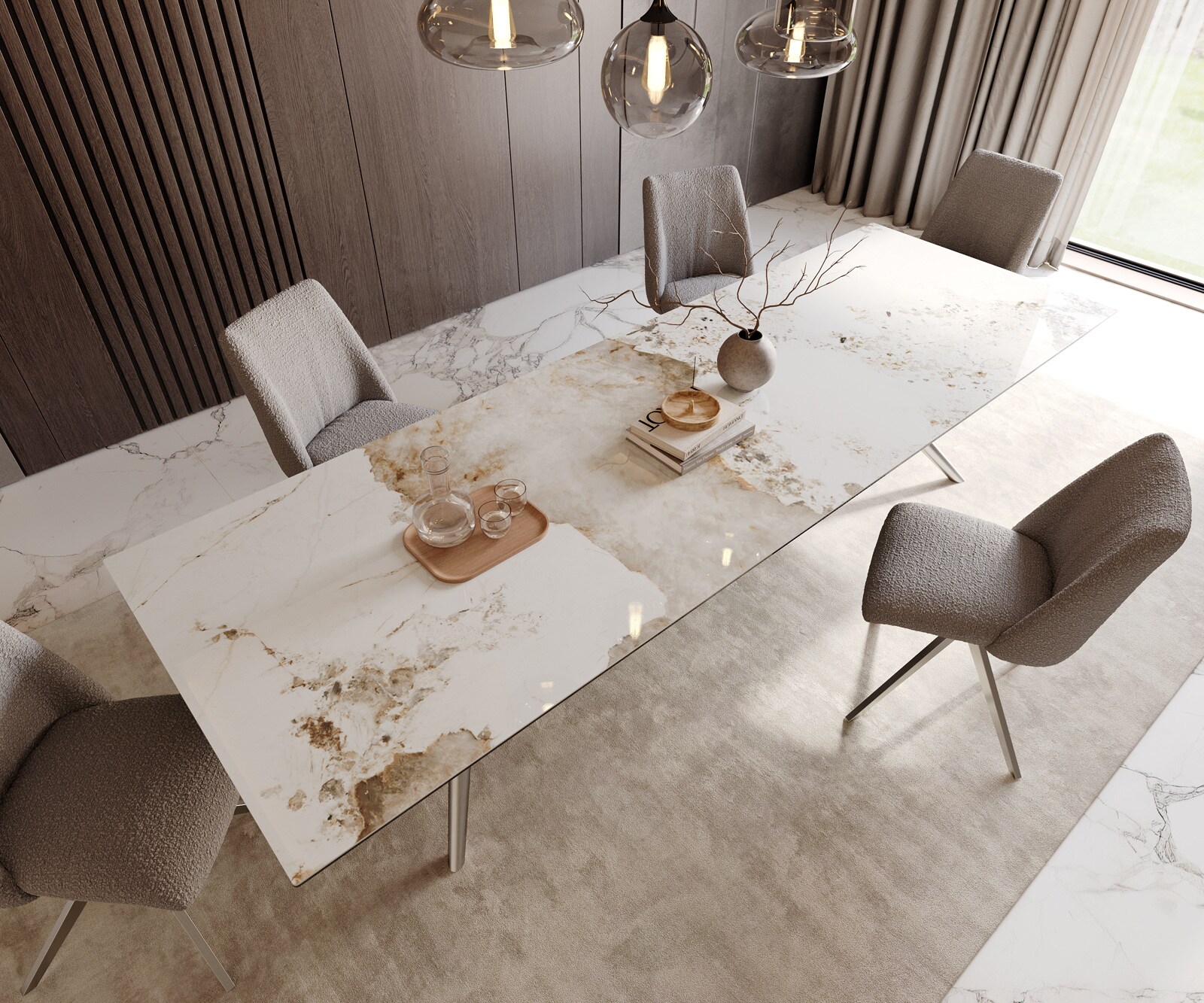 Трапезна маса Edge 300x100 керамична Minas Melange бяло-бежова Estelar кръгла от неръждаема стомана 3