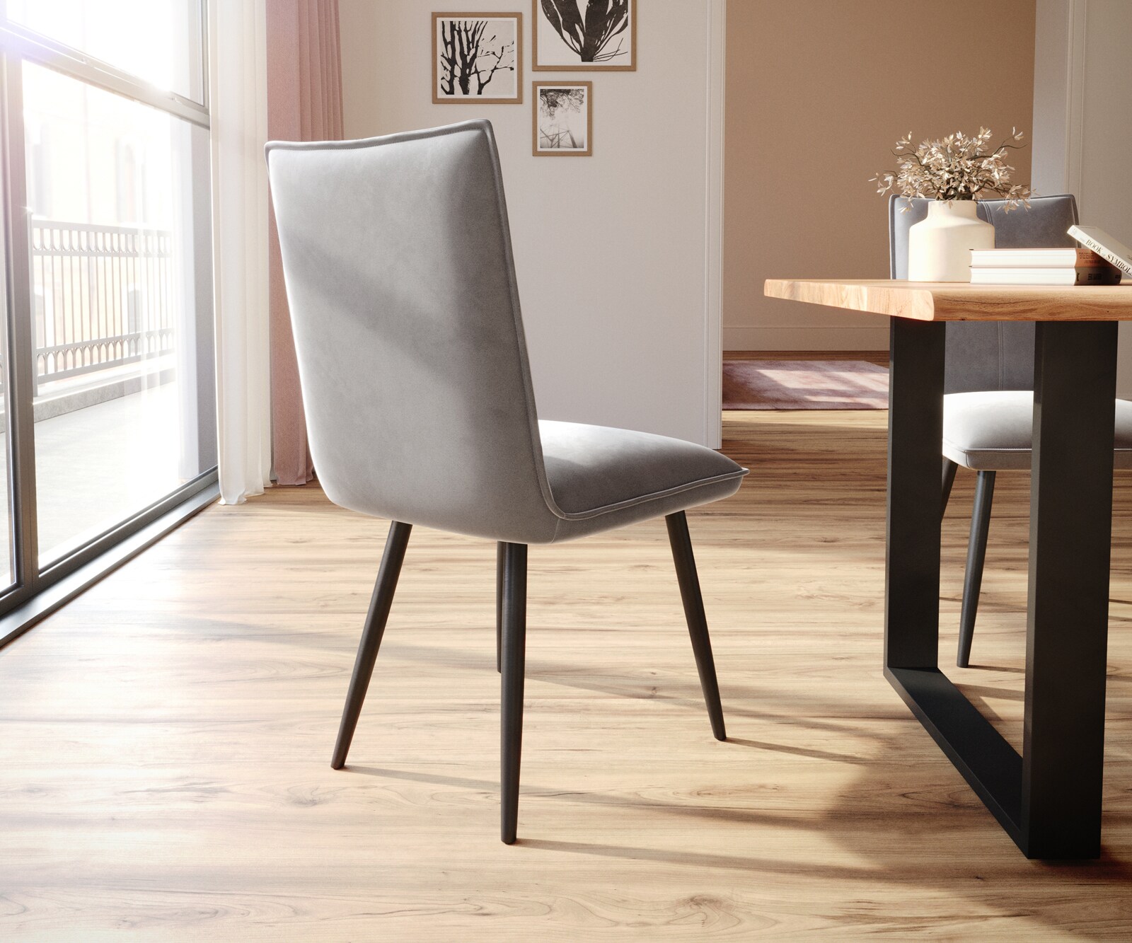 Трапезен стол Кадифе Сив 4 крака конични Черен  Покет пружина Lelio-Flex 4