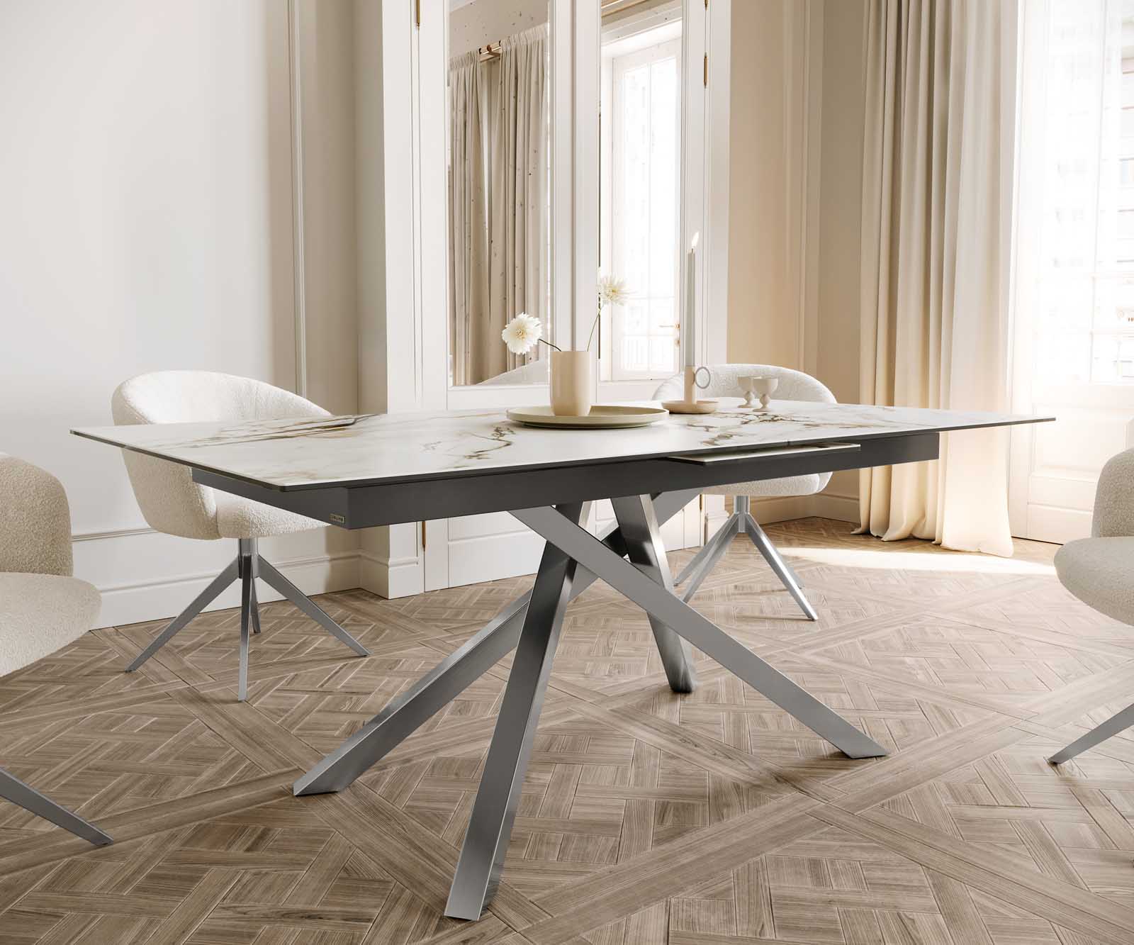 Разтегателна трапезна маса Edge 180-220х100 см Керамика Calacatta Luxe Бял-Злато-Сив Кръсртовидна основа Сребристосив 6