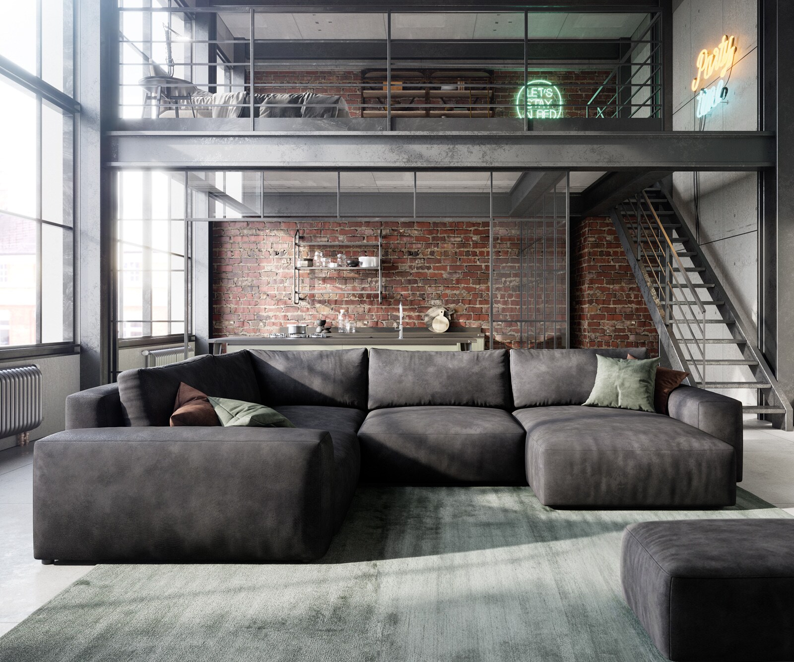 Холна гарнитура Lanzo 300x210 см имитация на кожа винтидж антрацит Recamiere променлива с осман 1