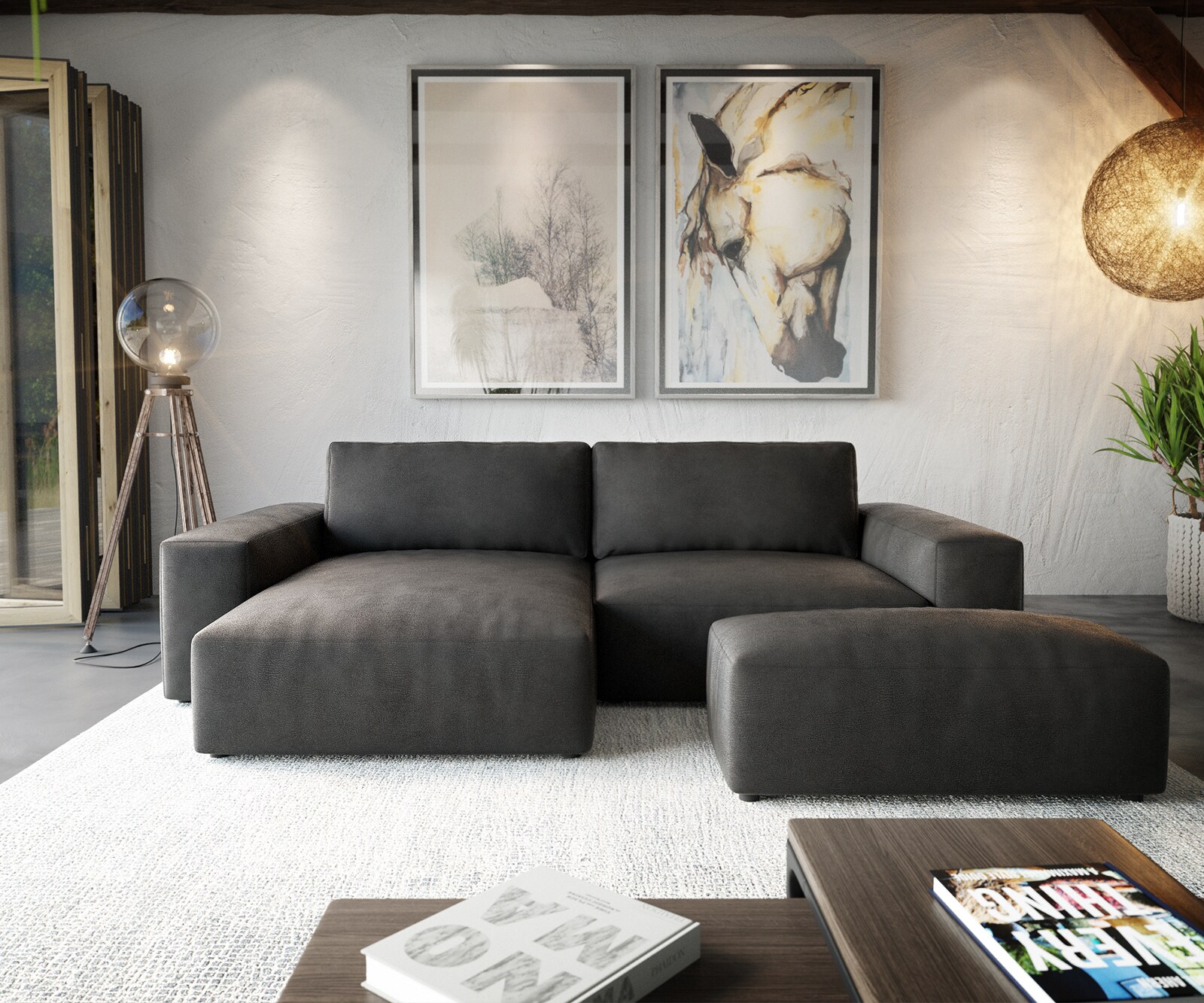 Ъглов диван Lanzo XL 270x180 см, Имитация на кожа, Винтидж Антрацит, Лява/Дясна Лежанка, с табуретка 1