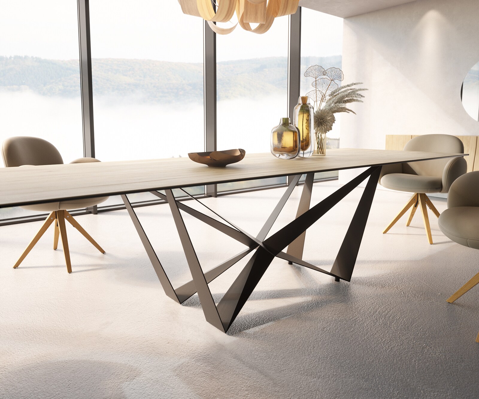 Маса 300x100 Keramik Laminam® Sabbia Дъбцвят Spider плоска стомана Черен Edge 5