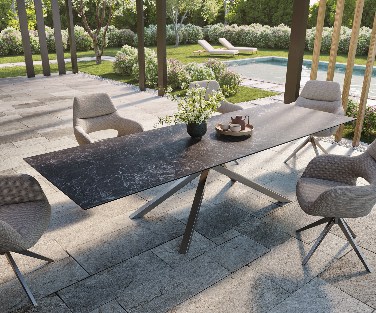 Луксозна външна маса Edge 300x100 см, керамичен правоъгълен плот Laminam Nero Greco, Кръстовидна основа, Антрацит/Сребристосив