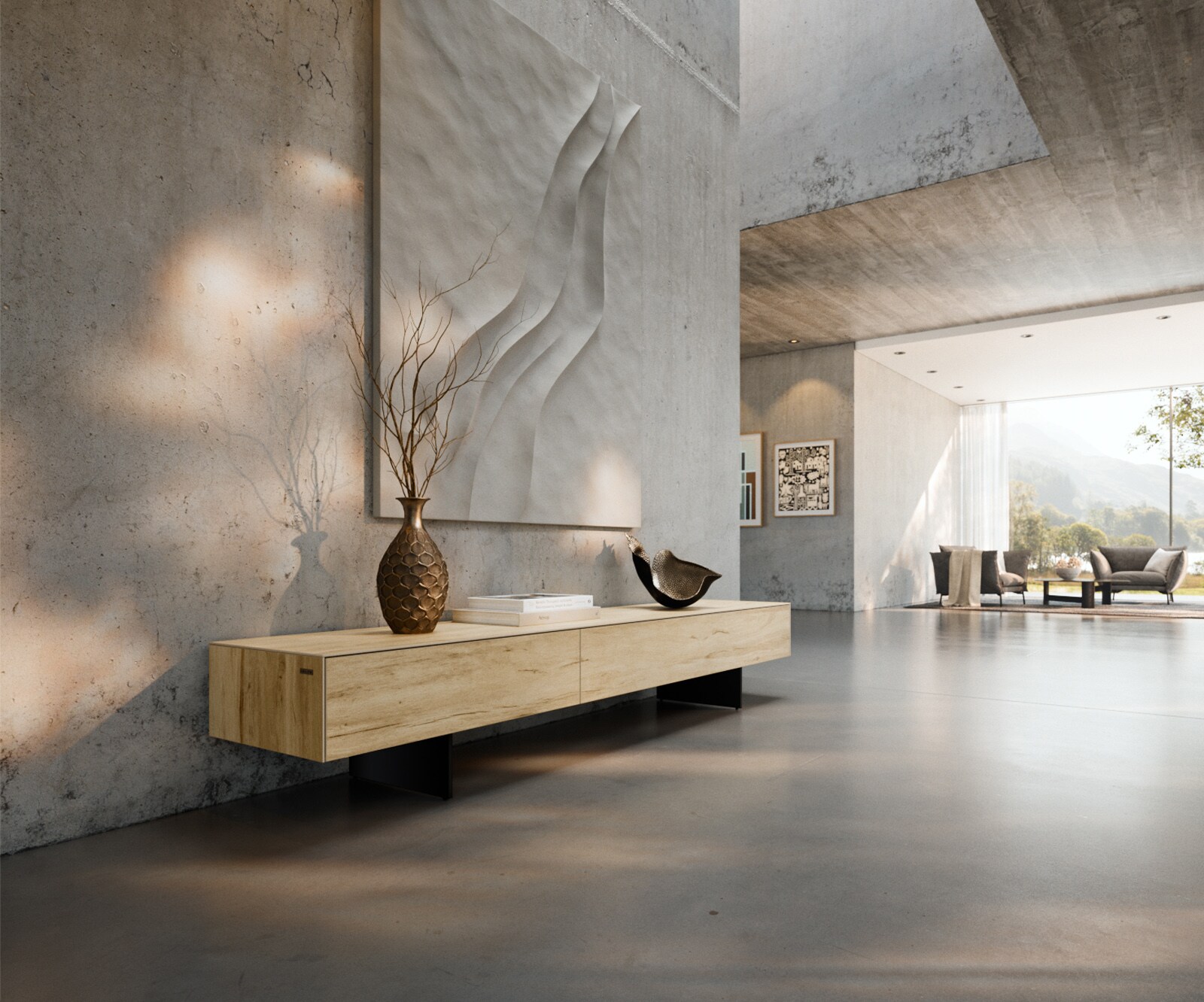 Ниска дъска Cuor 200 см Керамичен ламинат® Sabbia Дъбов цвят 1 клапа 1 чекмедже Основа Окачен вид Метал Черен