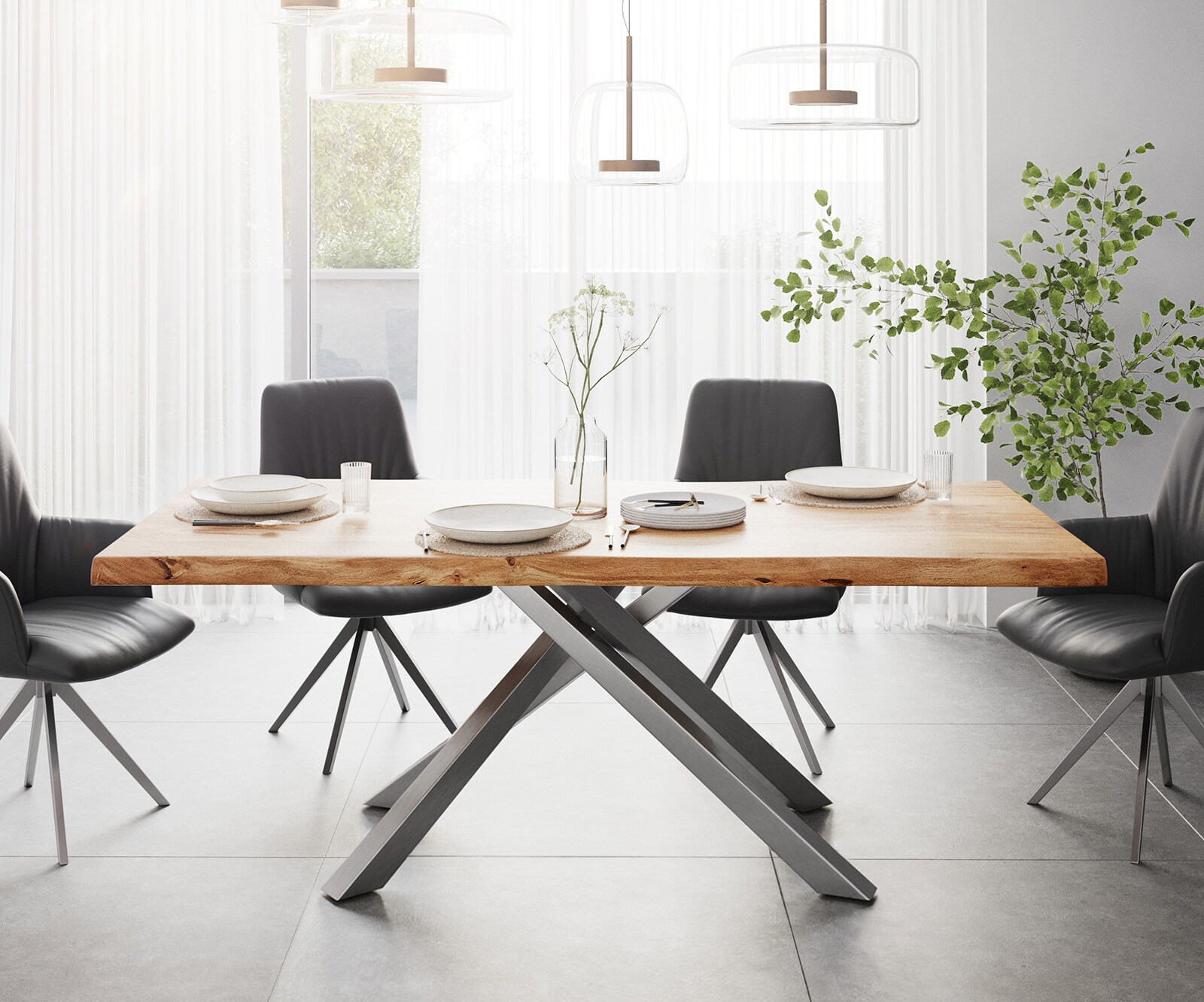 Трапезна маса Edge 200x100 XL от естествена акация, с кръстообразна конструкция, правоъгълна, от неръждаема стомана, с естествени ръбове 2