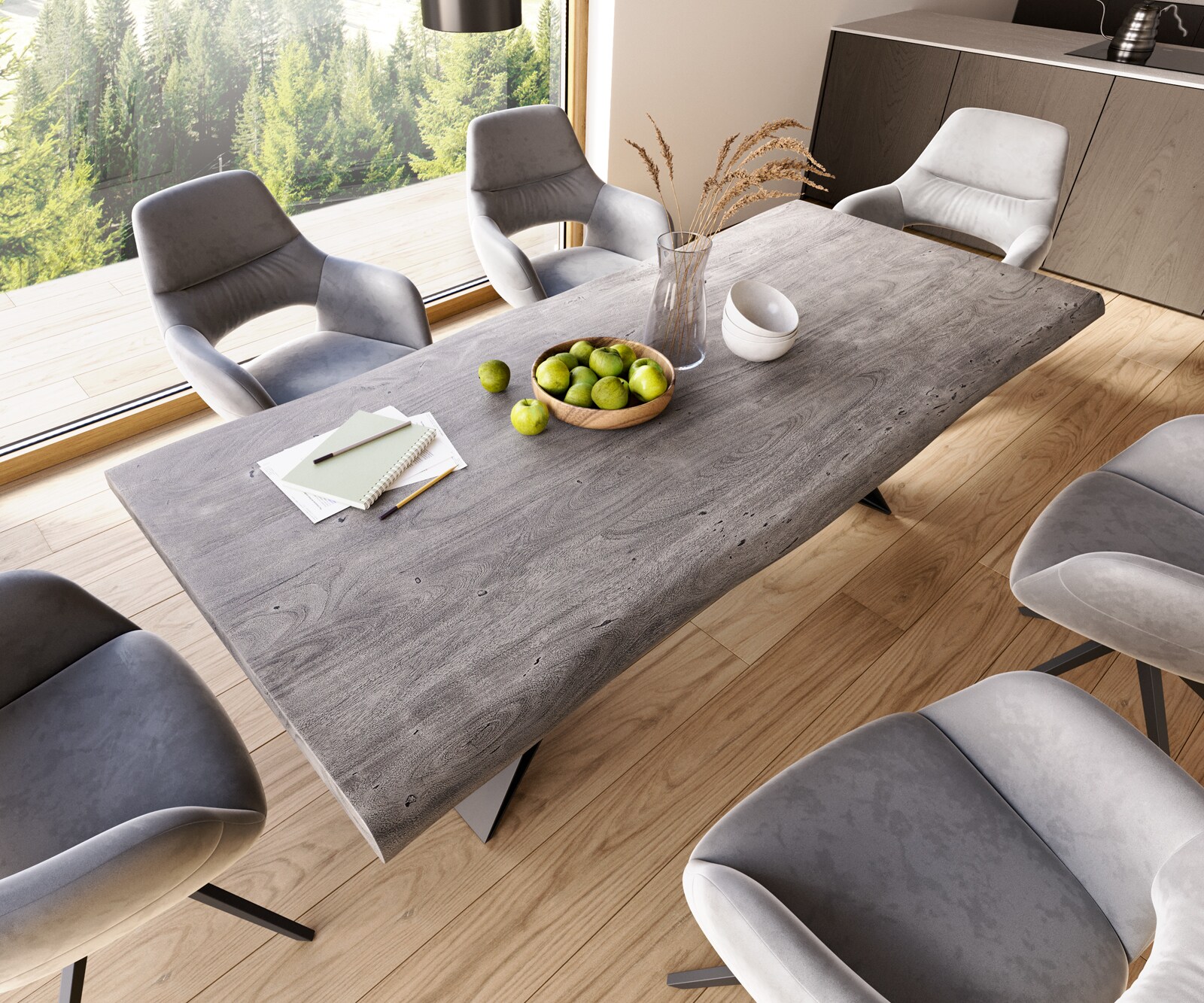 Трапезна маса Edge 220x100 XL от акация, цвят „Платина“, V-образна рамка от плоска стомана, черна, с естествени ръбове 3