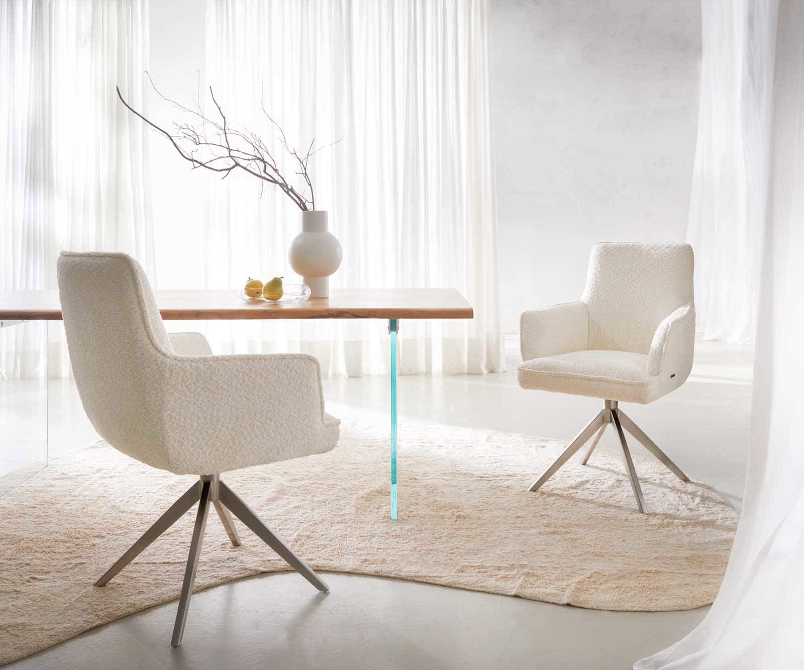 Врътящ се стол с подлакътници Букле Бял Конус крак плосък Неръждаема стомана 360° въртящ се Покет пружина Heira-Flex 5 Врътящ се стол с подлакътници Букле Бял Конус крак плосък Неръждаема стомана 360° въртящ се Покет пружина Heira-Flex 5