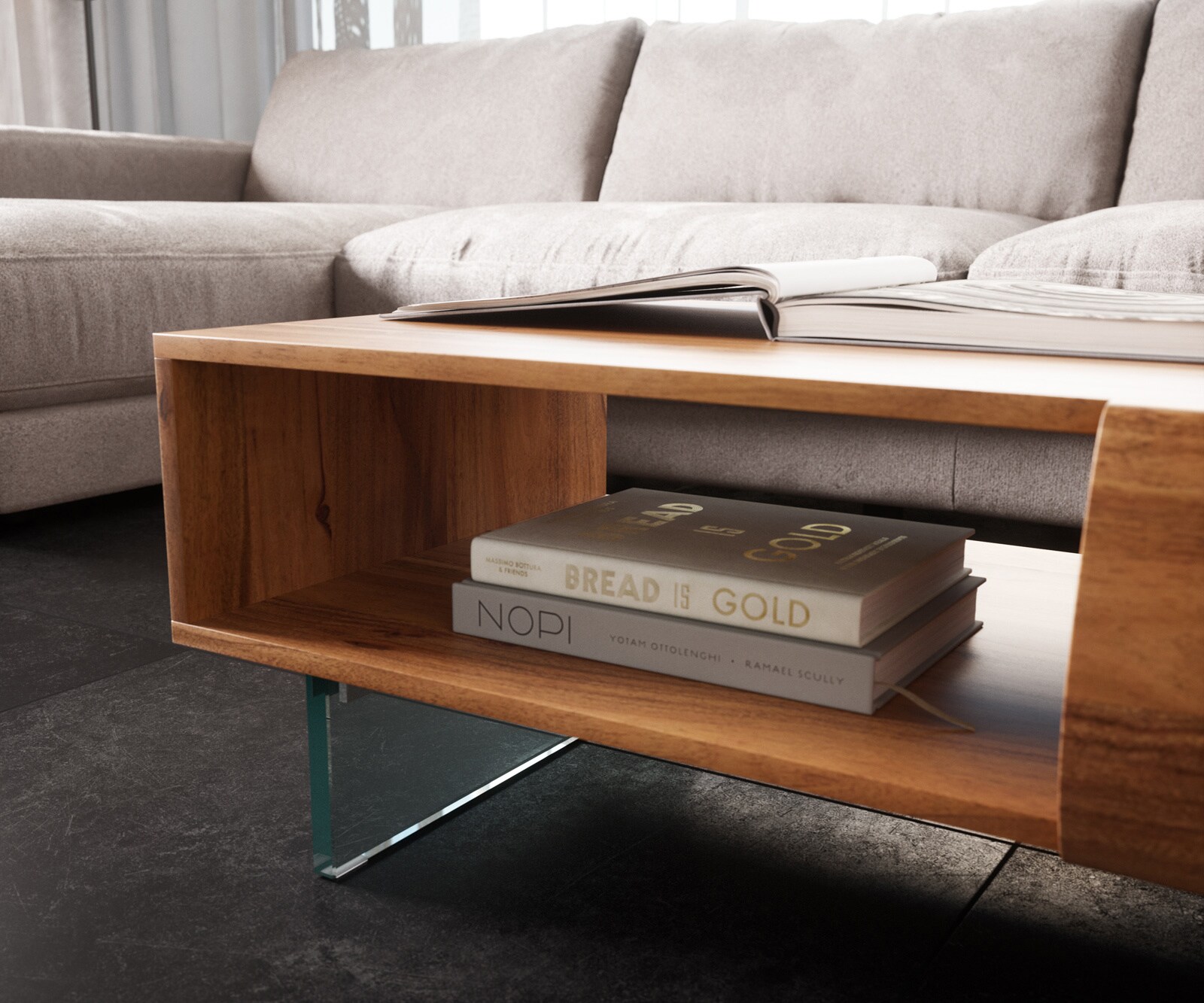 Холна маса Live-Edge 115x60 cm Акация Натурал 2 чекмеджета 1 отделение Стъкленплаващ крак New 4