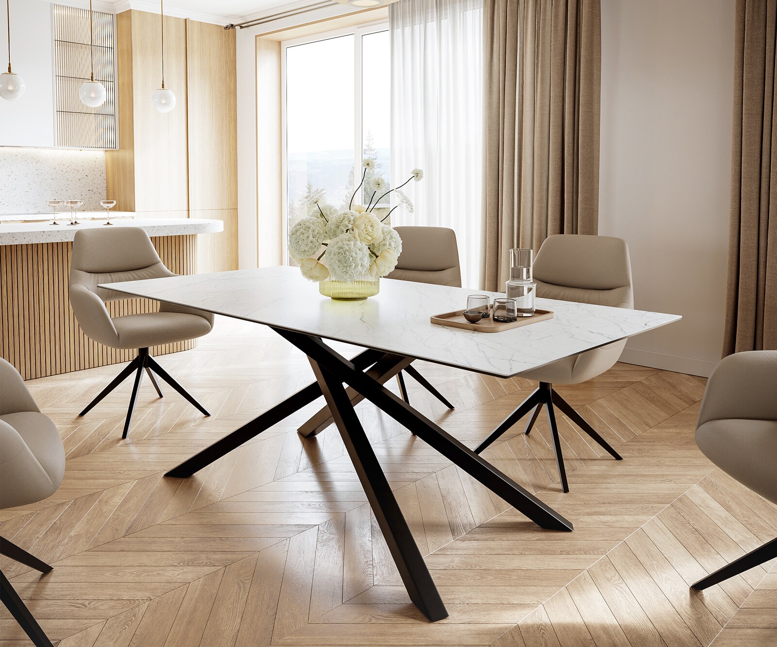 Маса 200x100cm Keramik Laminam®Statuarietto Бял среден крак Кръст Черен Edge