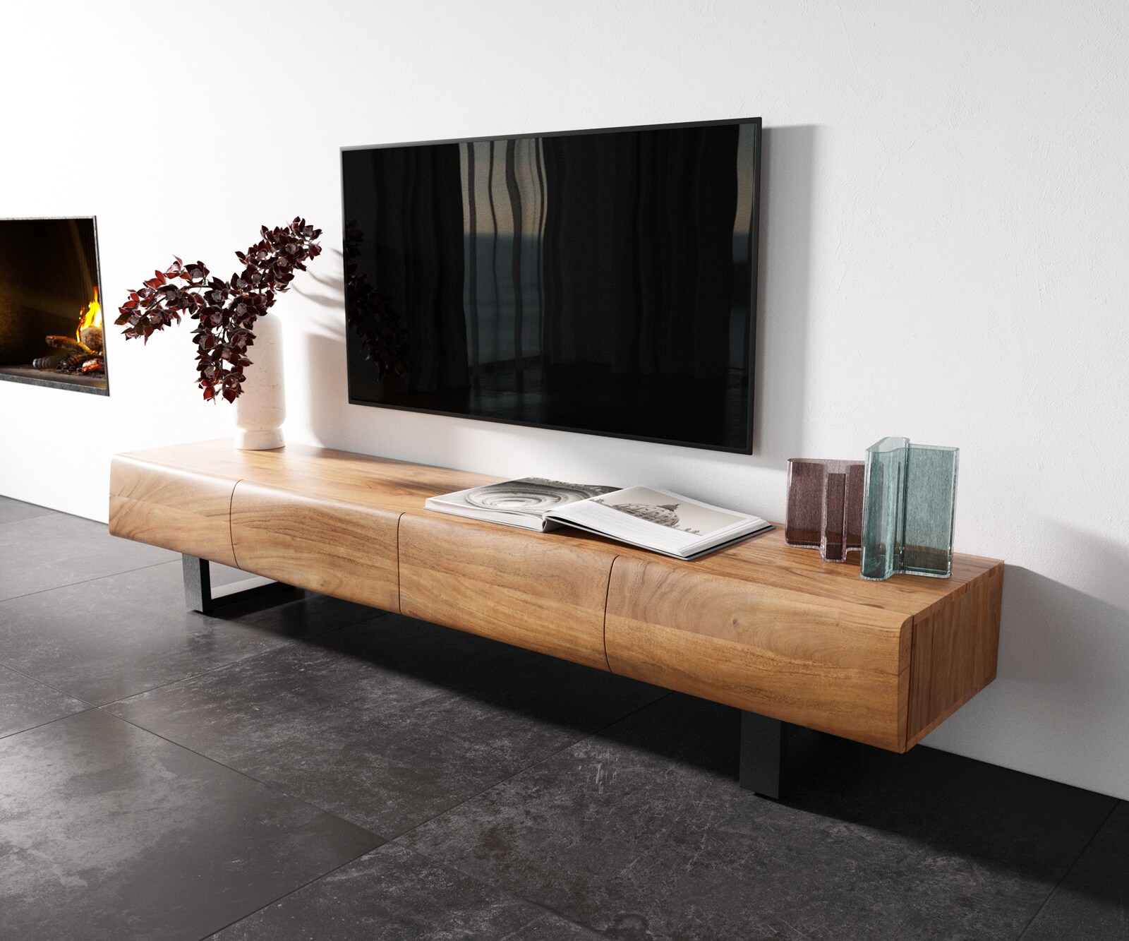 Ниска дъска New Live-Edge 200 cm акация естествена 4 вратички метален бегач черен