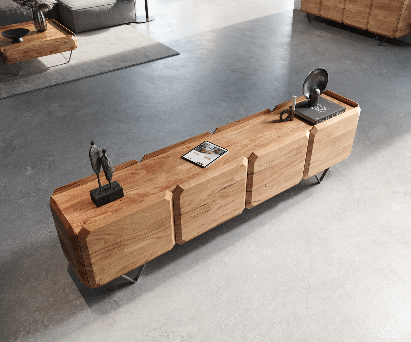 ТВ шкаф Kiano 220 cm естествена акация 4 врати V-образен крак от неръждаема стомана Разделител за стая 3