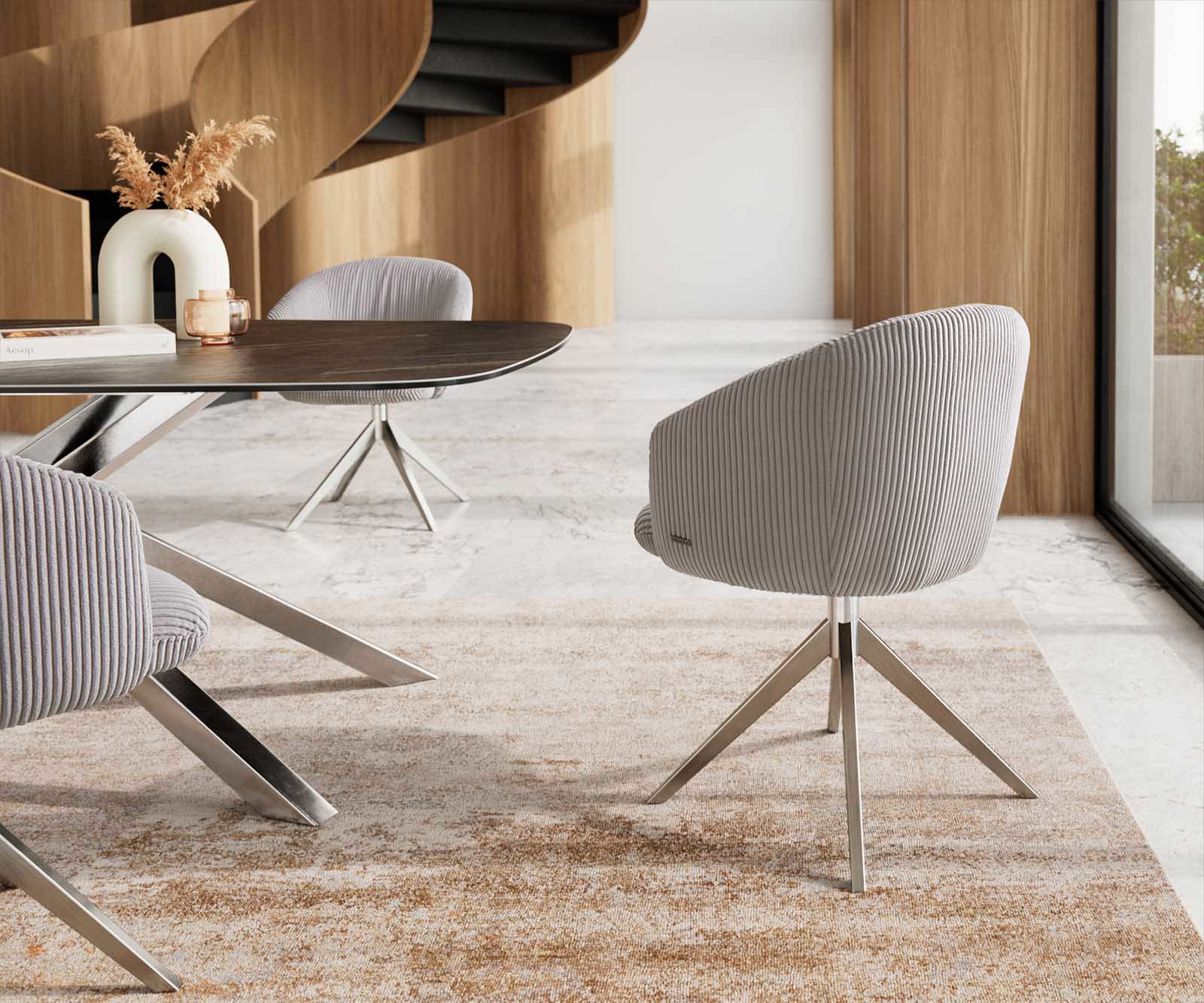 Врътящ се стол с подлакътници Корд СребристСив Конус крак плосък Неръждаема стомана 360° въртящ се Покет пружина Caja-Flex 4 Врътящ се стол с подлакътници Корд СребристСив Конус крак плосък Неръждаема стомана 360° въртящ се Покет пружина Caja-Flex 4